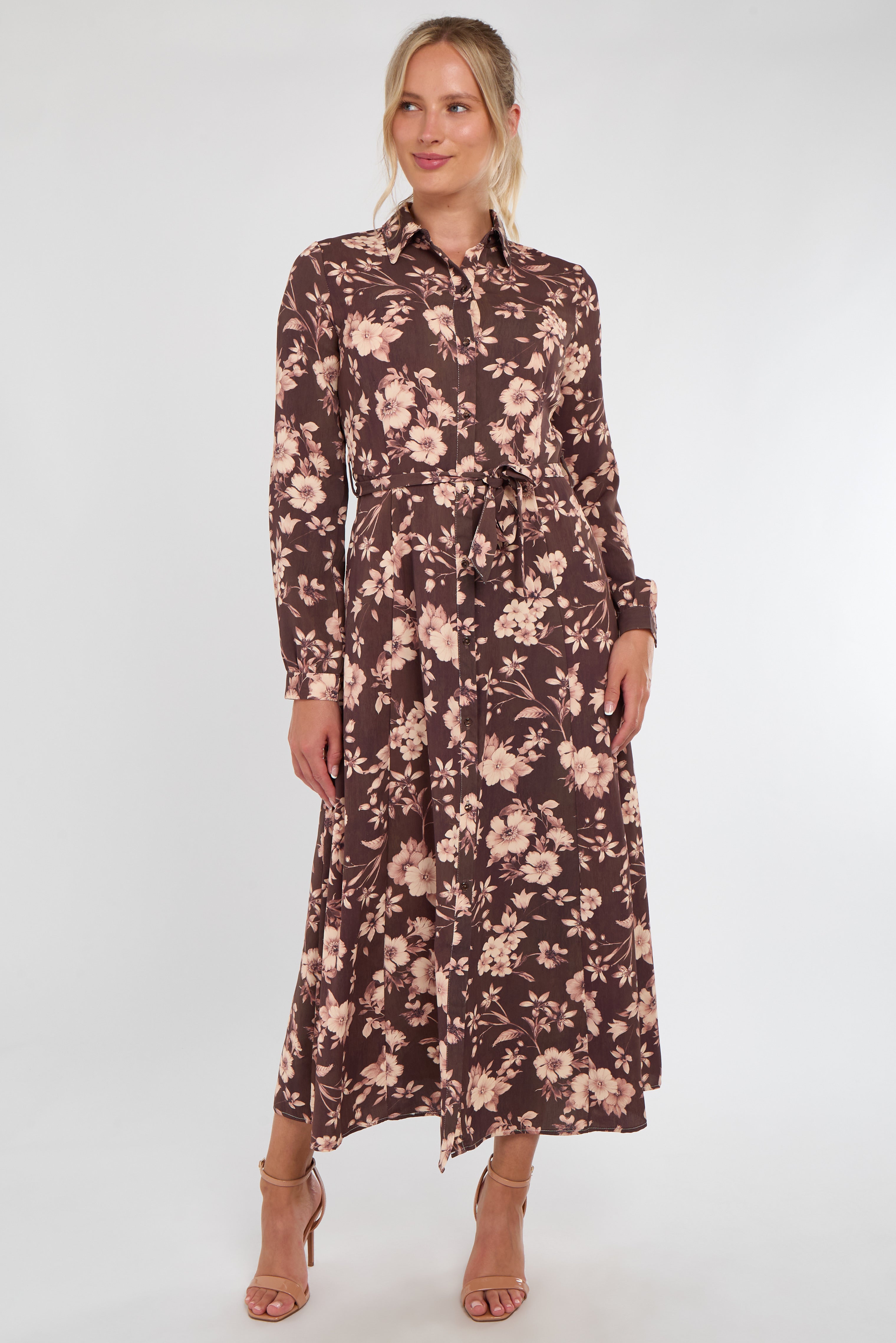 Chocolate and Blush Floral Print Maxi Shirt Dress