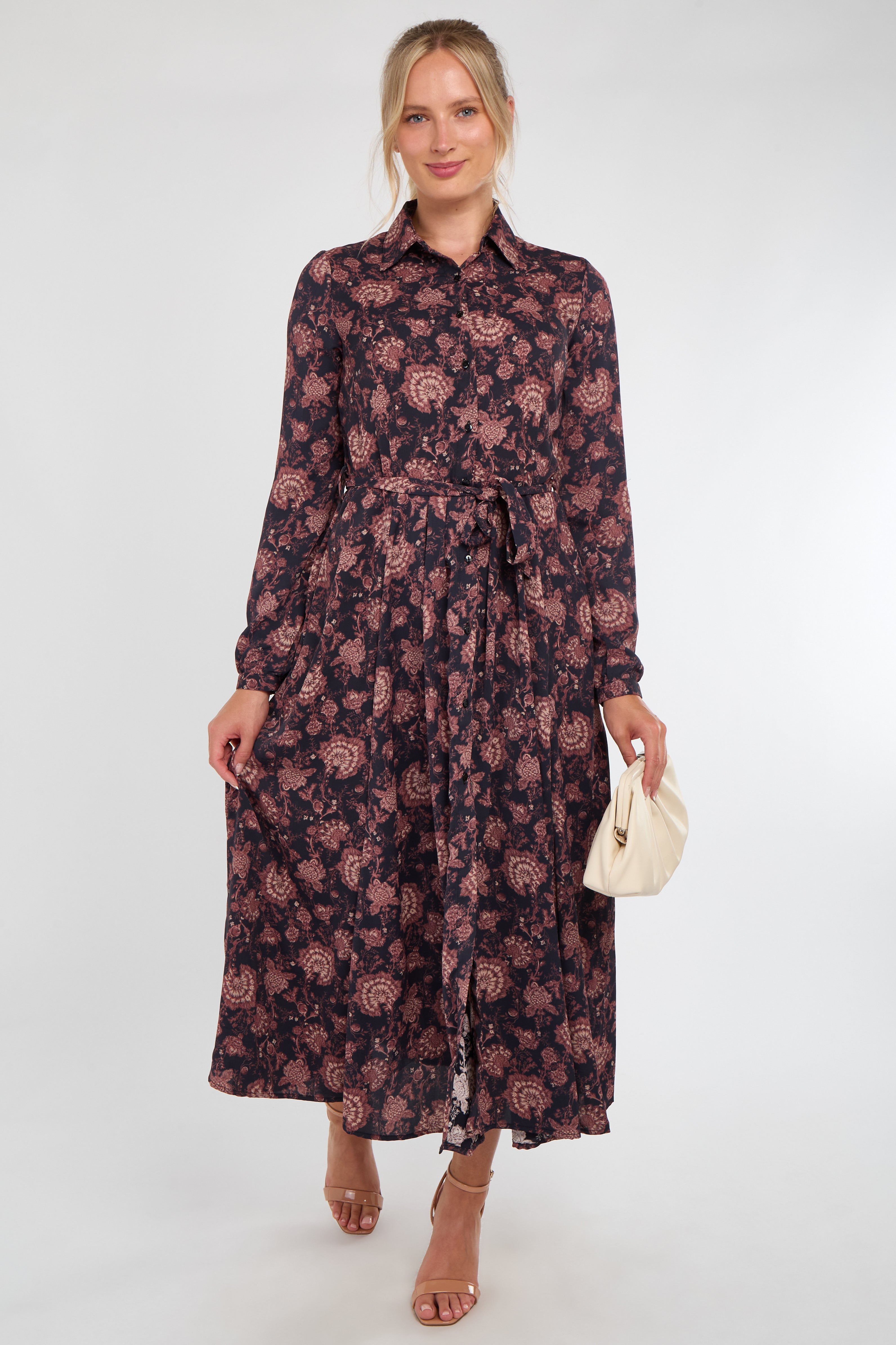 Navy and Berry Vintage Rose Print Midi Dress