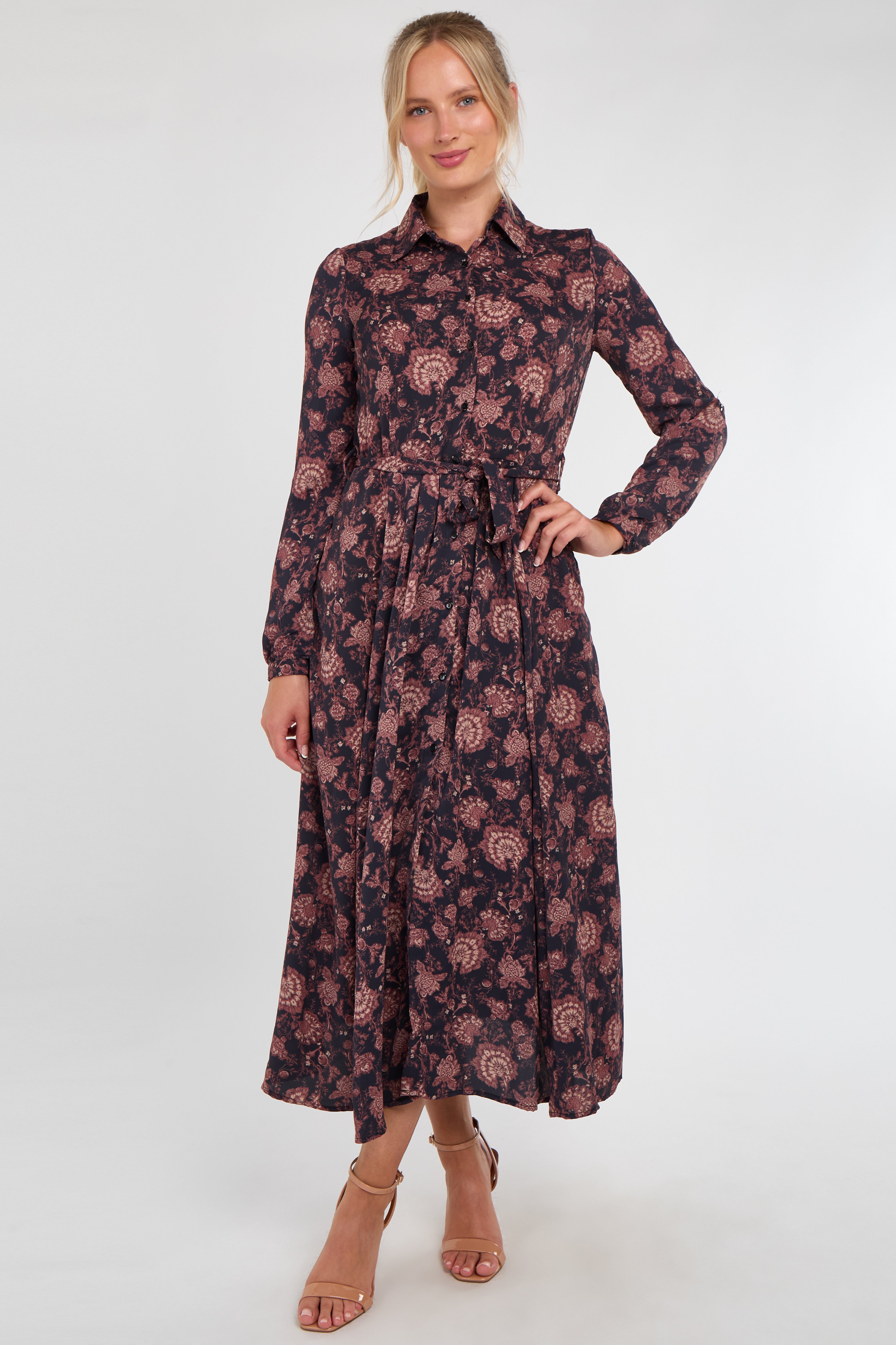Navy and Berry Vintage Rose Print Midi Dress