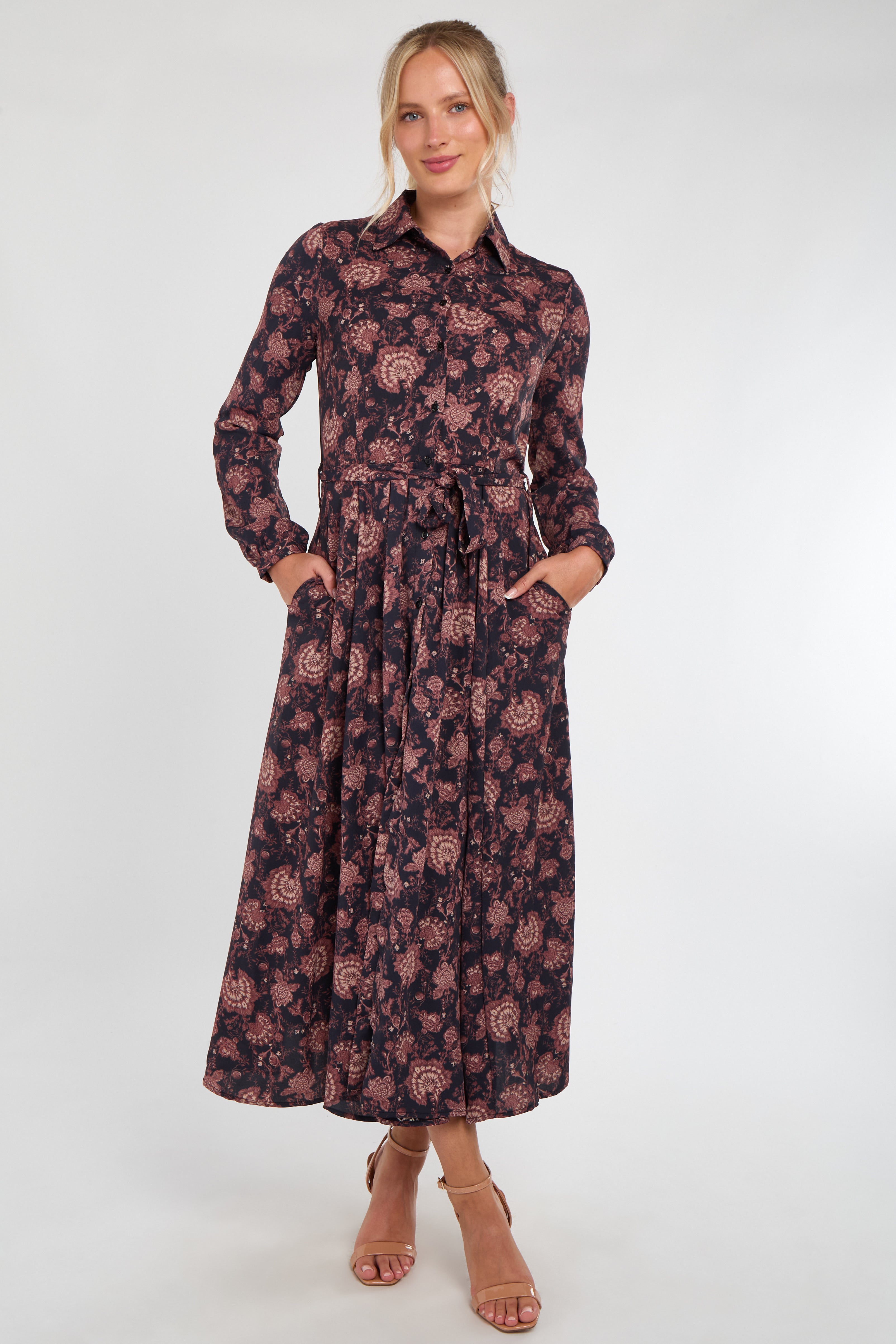 Navy and Berry Vintage Rose Print Midi Dress