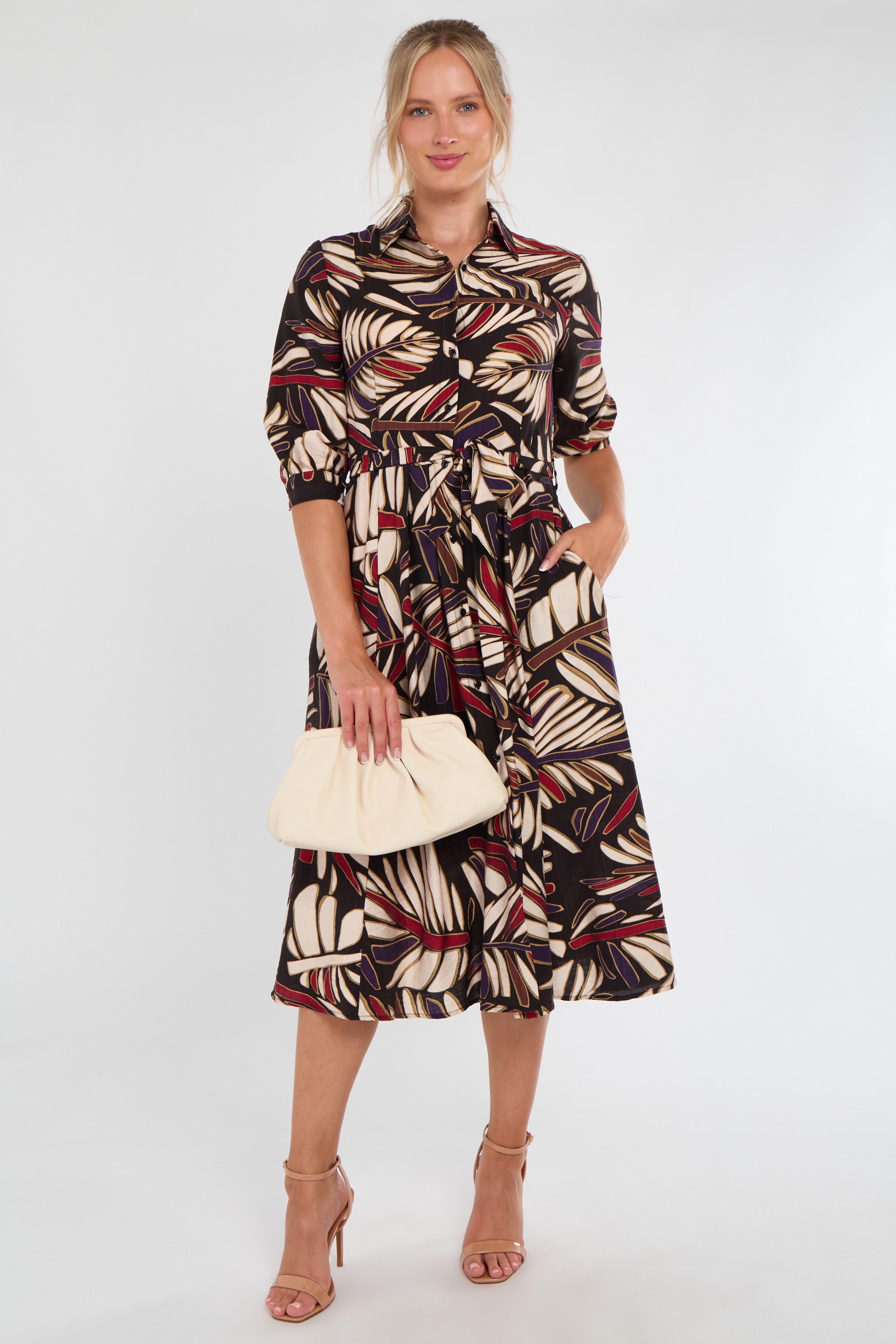 Botanic Noir Leaf Print Midi Dress