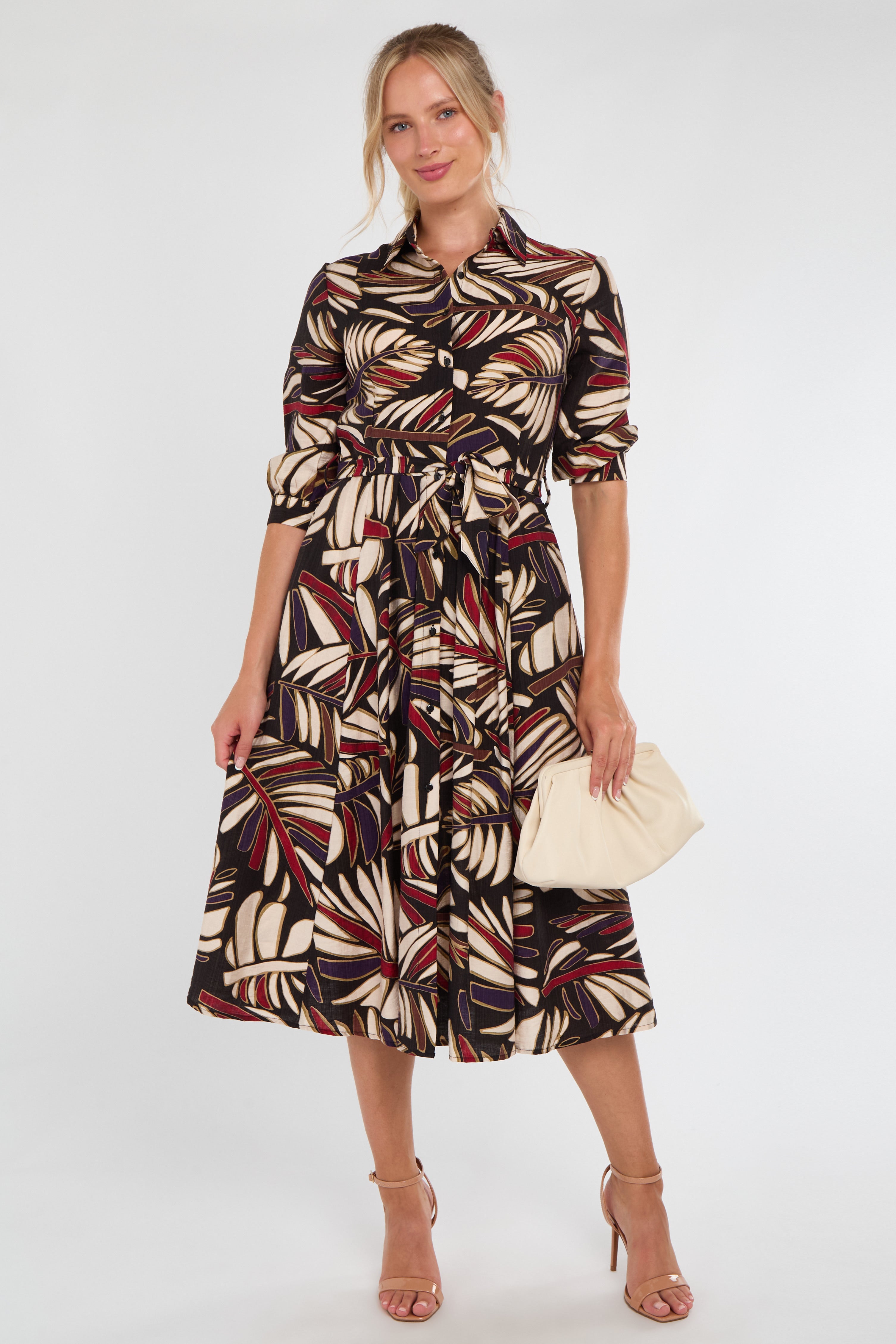 Botanic Noir Leaf Print Midi Dress