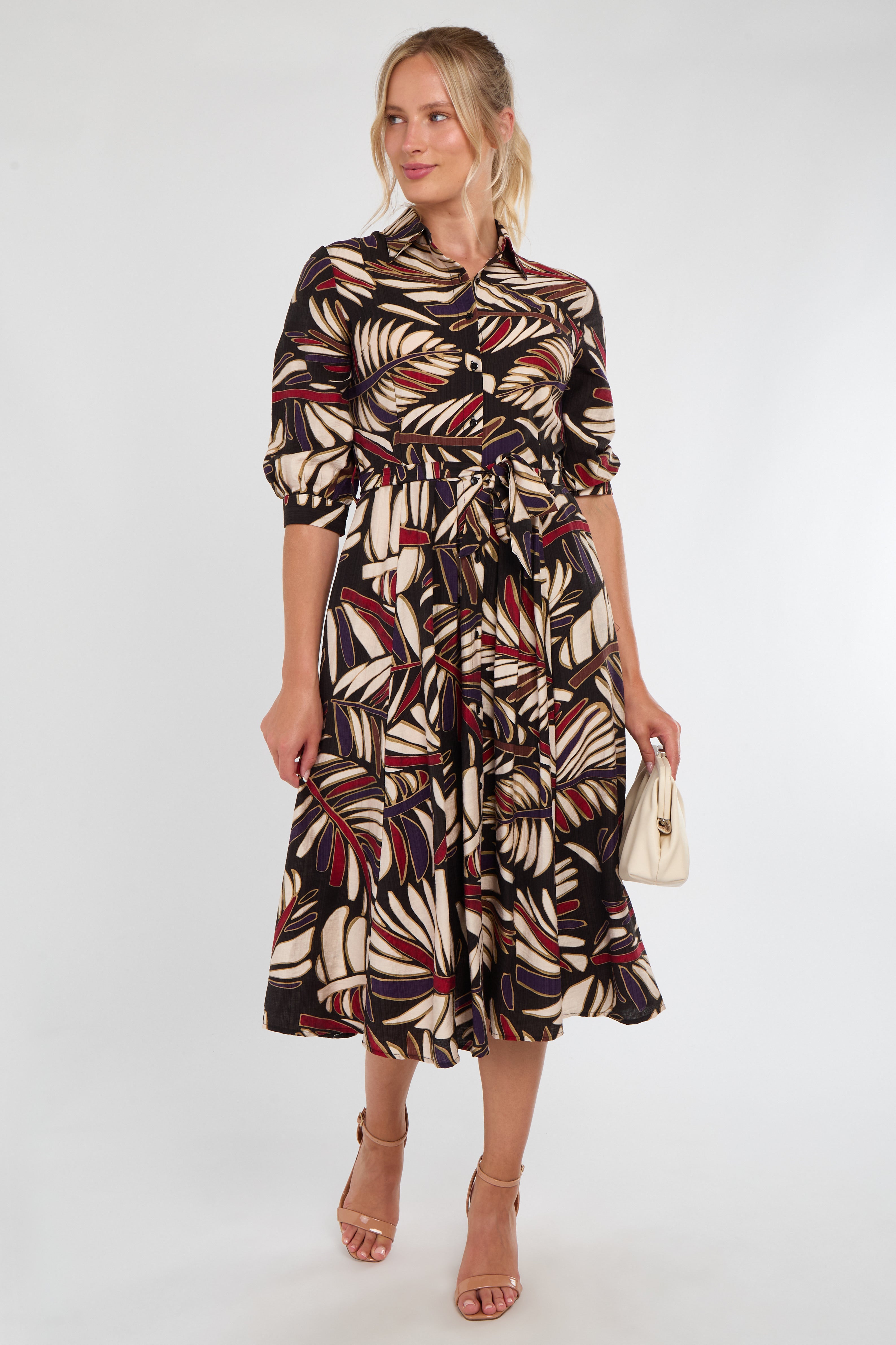 Botanic Noir Leaf Print Midi Dress