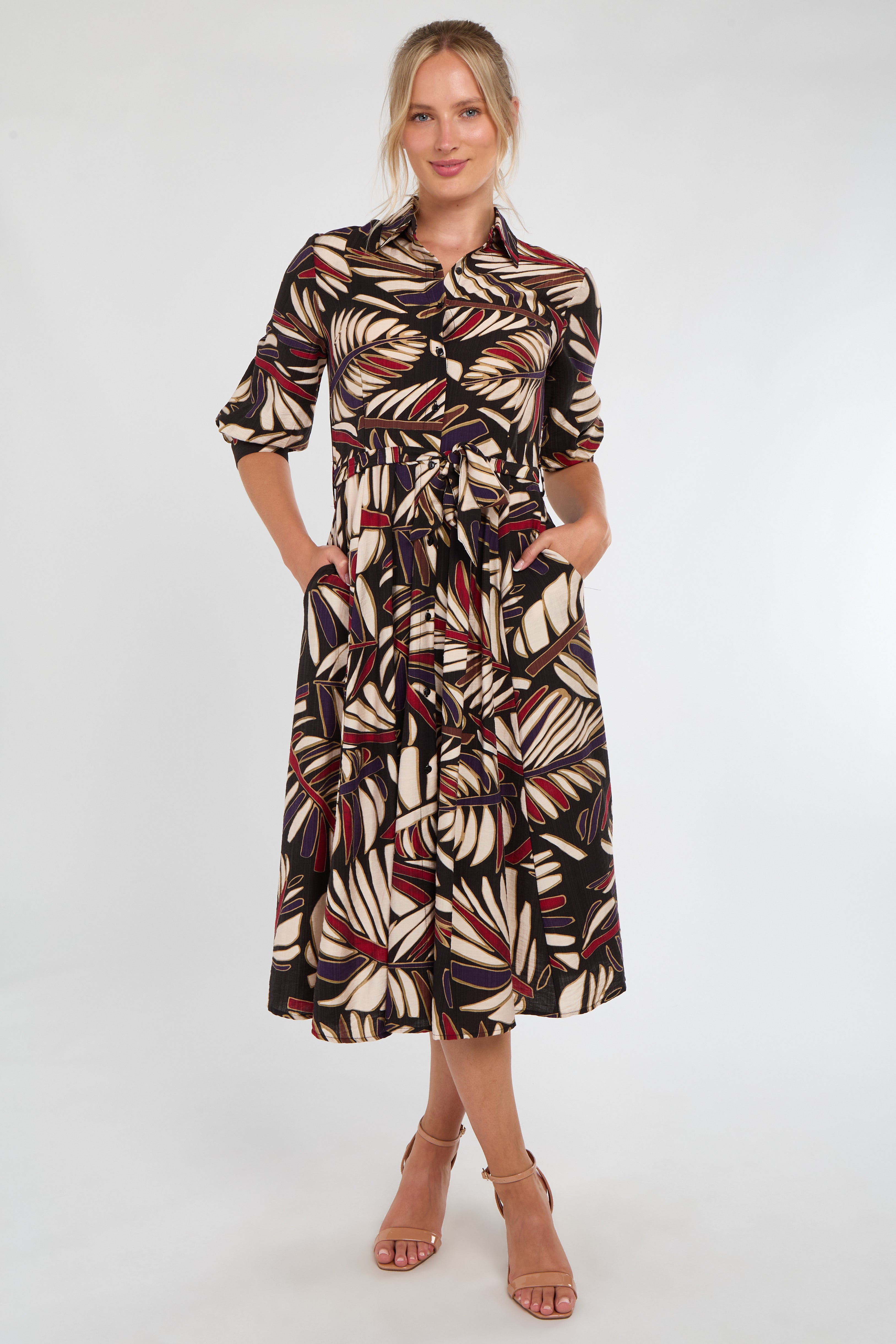 Botanic Noir Leaf Print Midi Dress