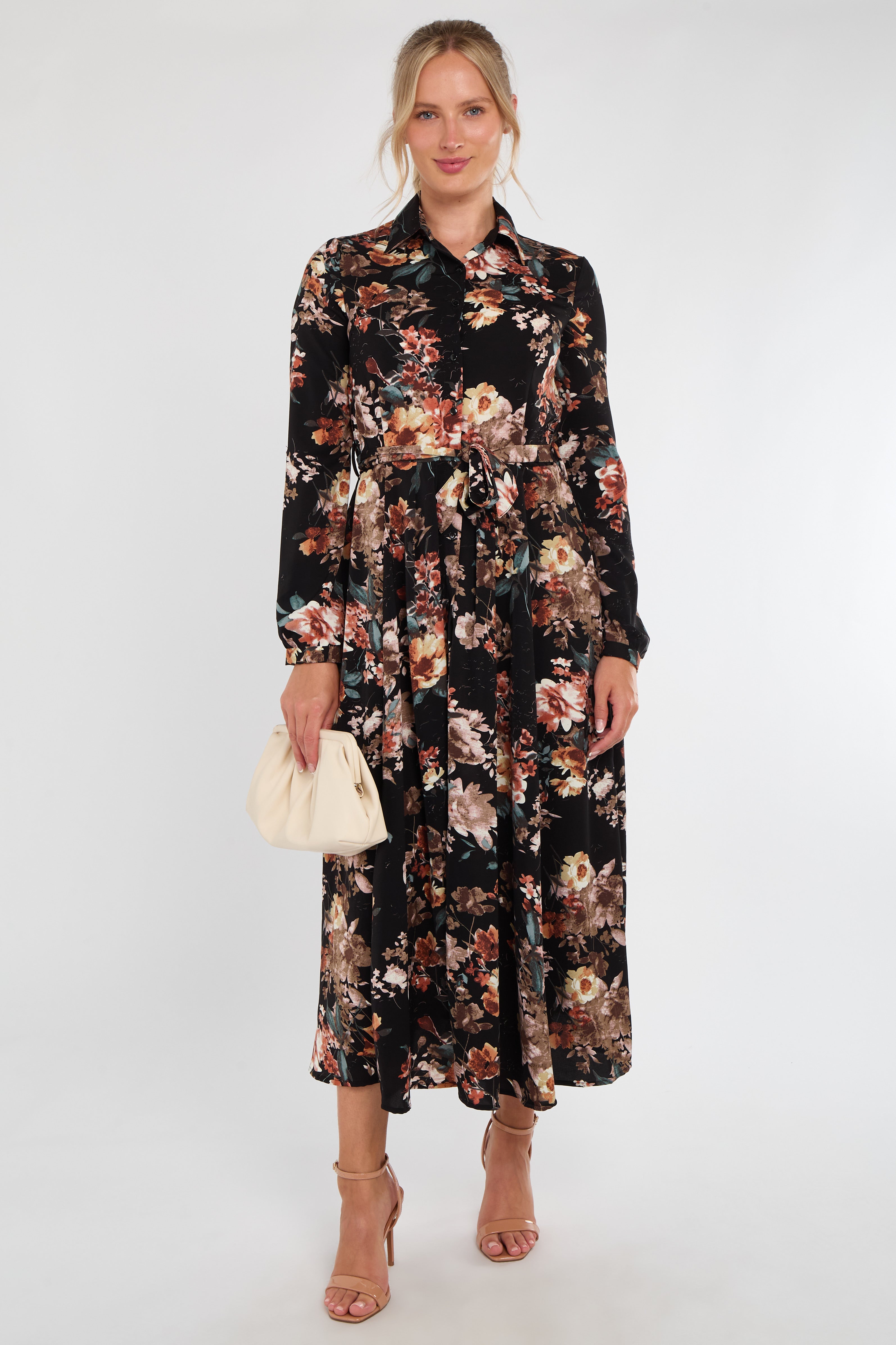 Black Autumnal Floral Print Midaxi Shirt Dress