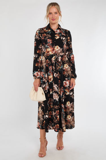 Black Autumnal Floral Print Midaxi Shirt Dress