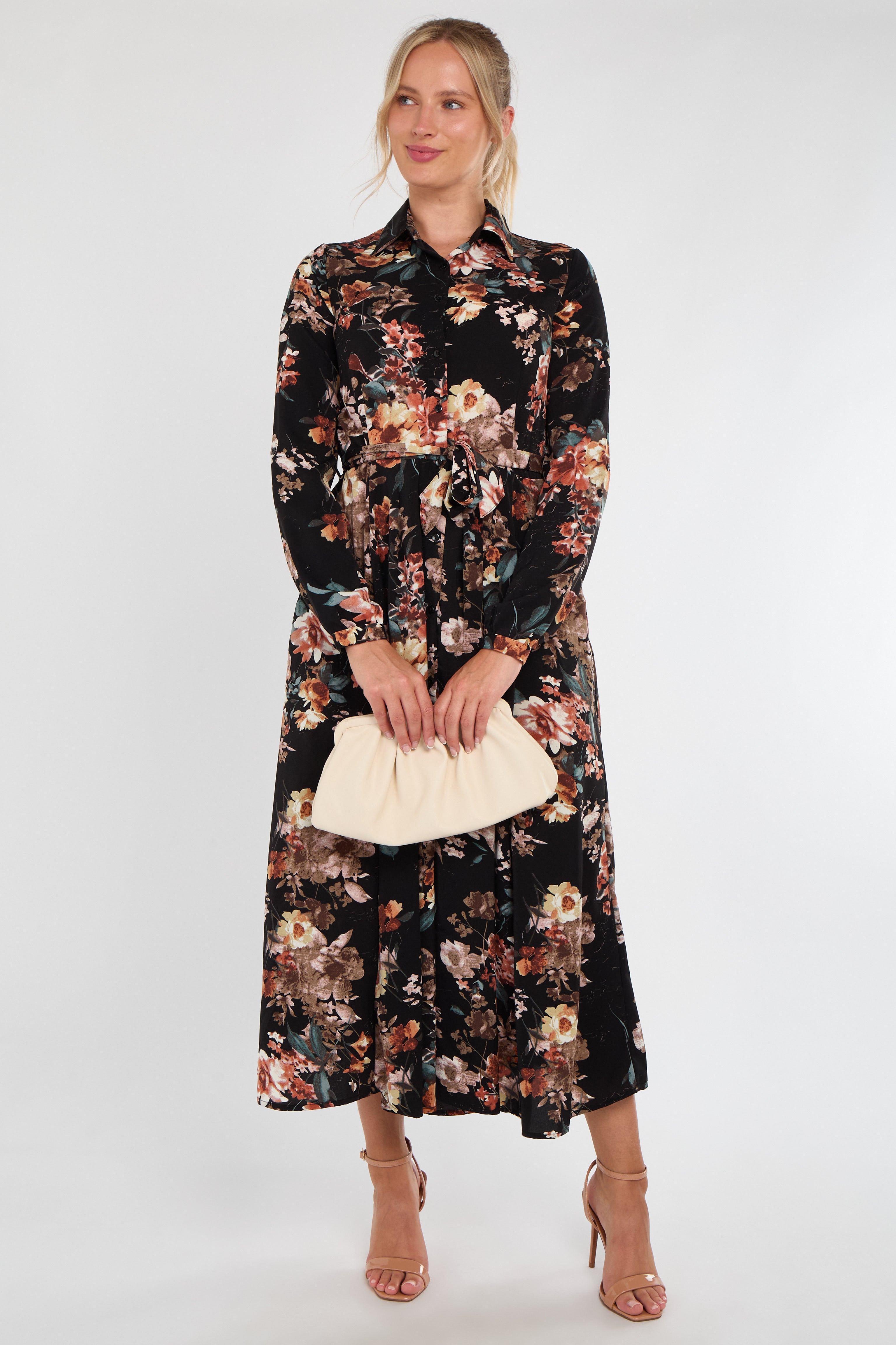 Black Autumnal Floral Print Midaxi Shirt Dress