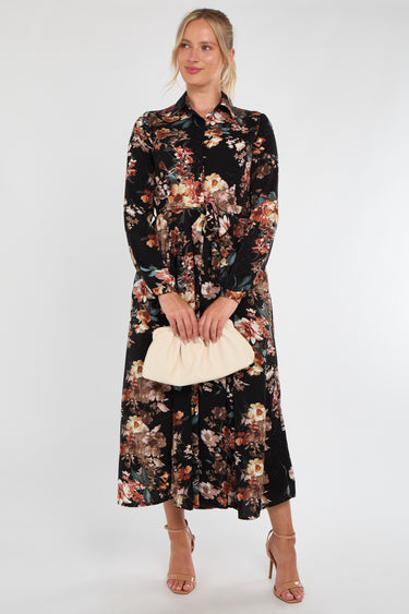 Black Autumnal Floral Print Midaxi Shirt Dress