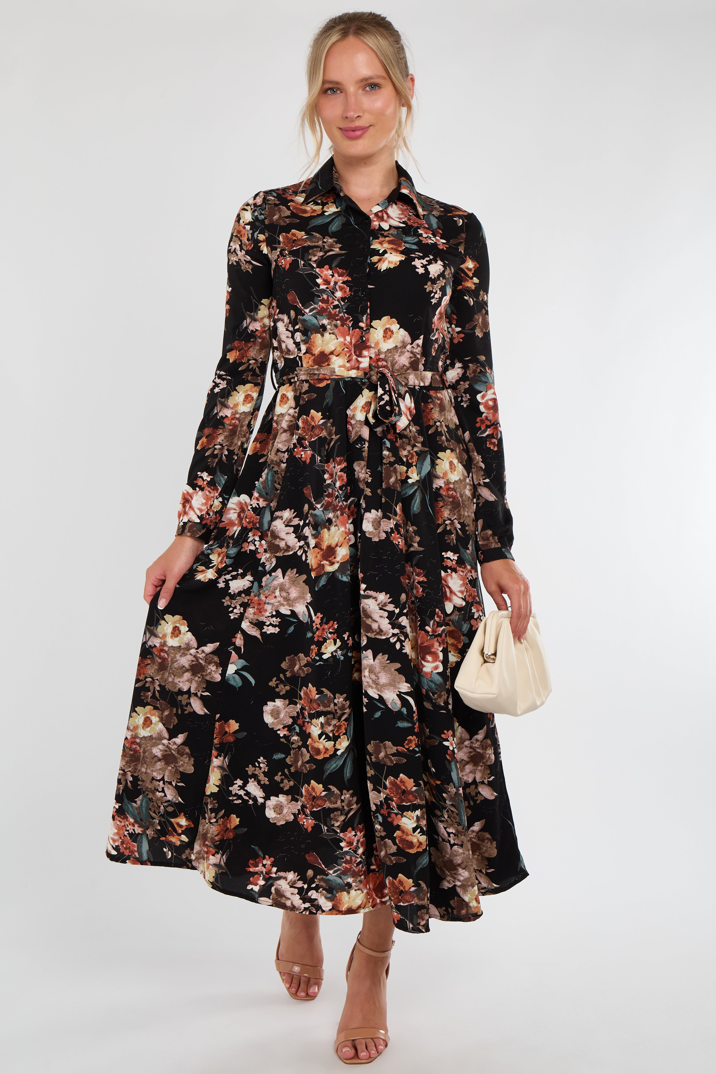 Black Autumnal Floral Print Midaxi Shirt Dress