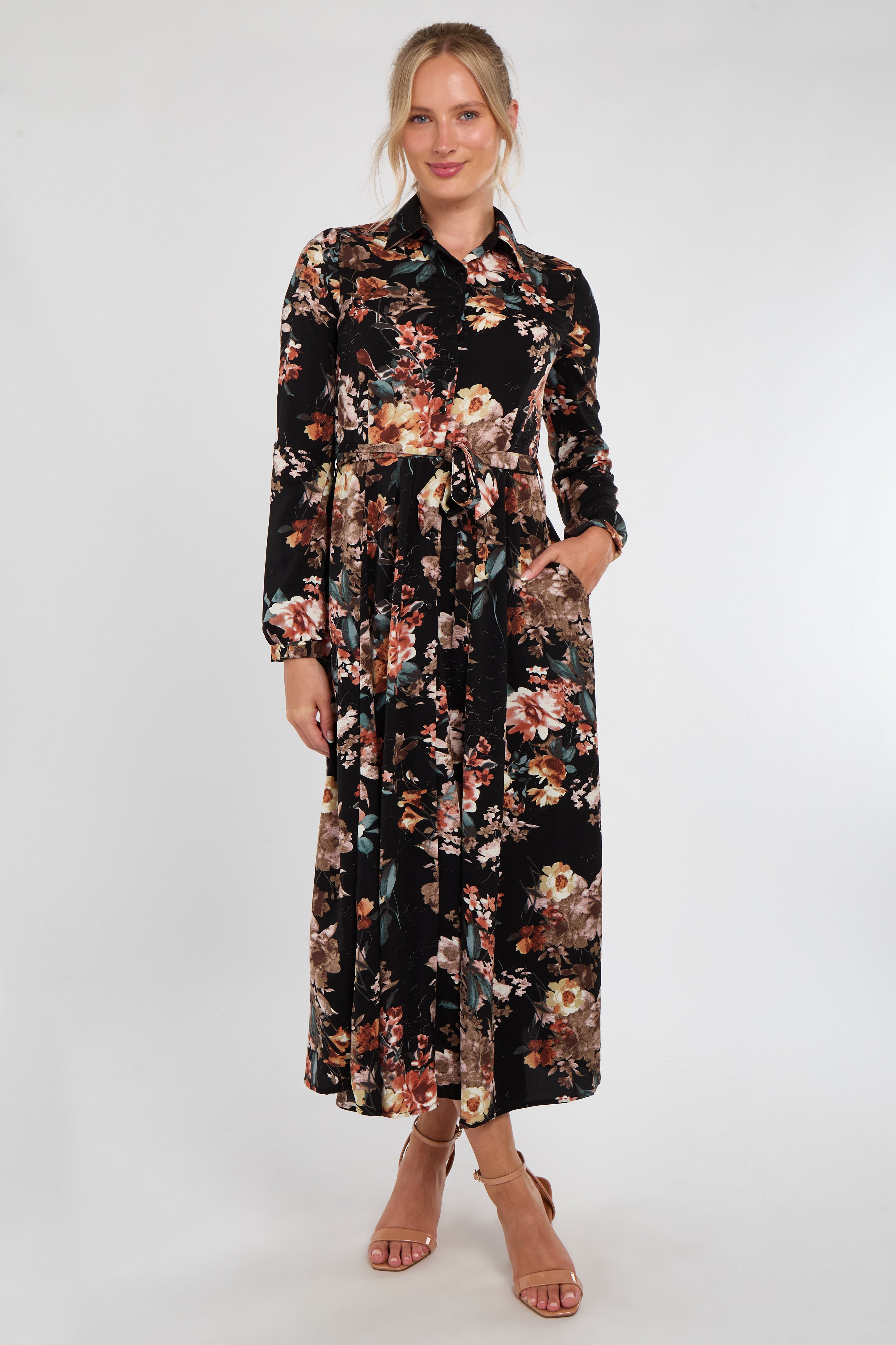 Black Autumnal Floral Print Midaxi Shirt Dress