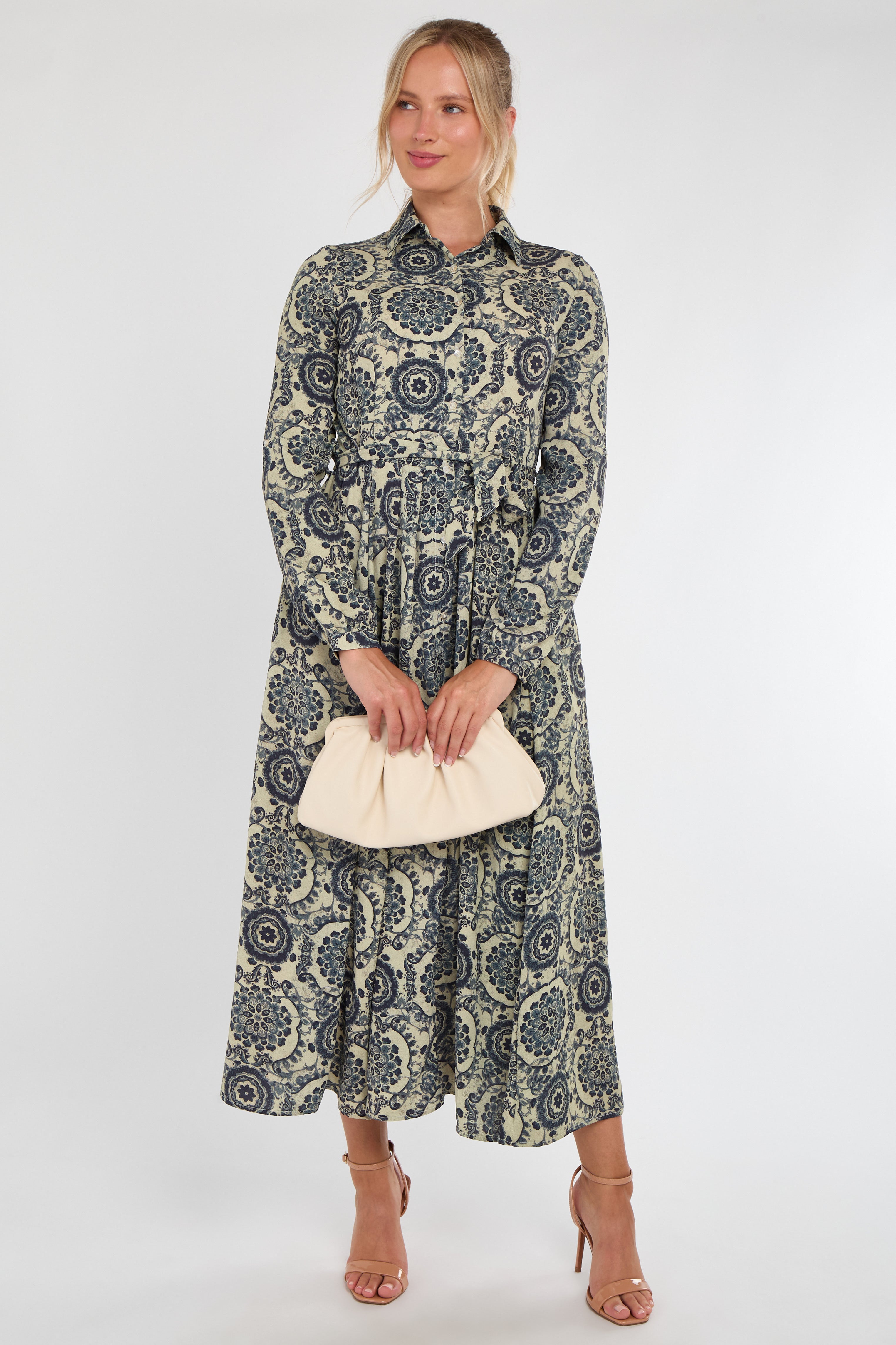 Navy and Stone Vintage Tile Print Midi Shirt Dress