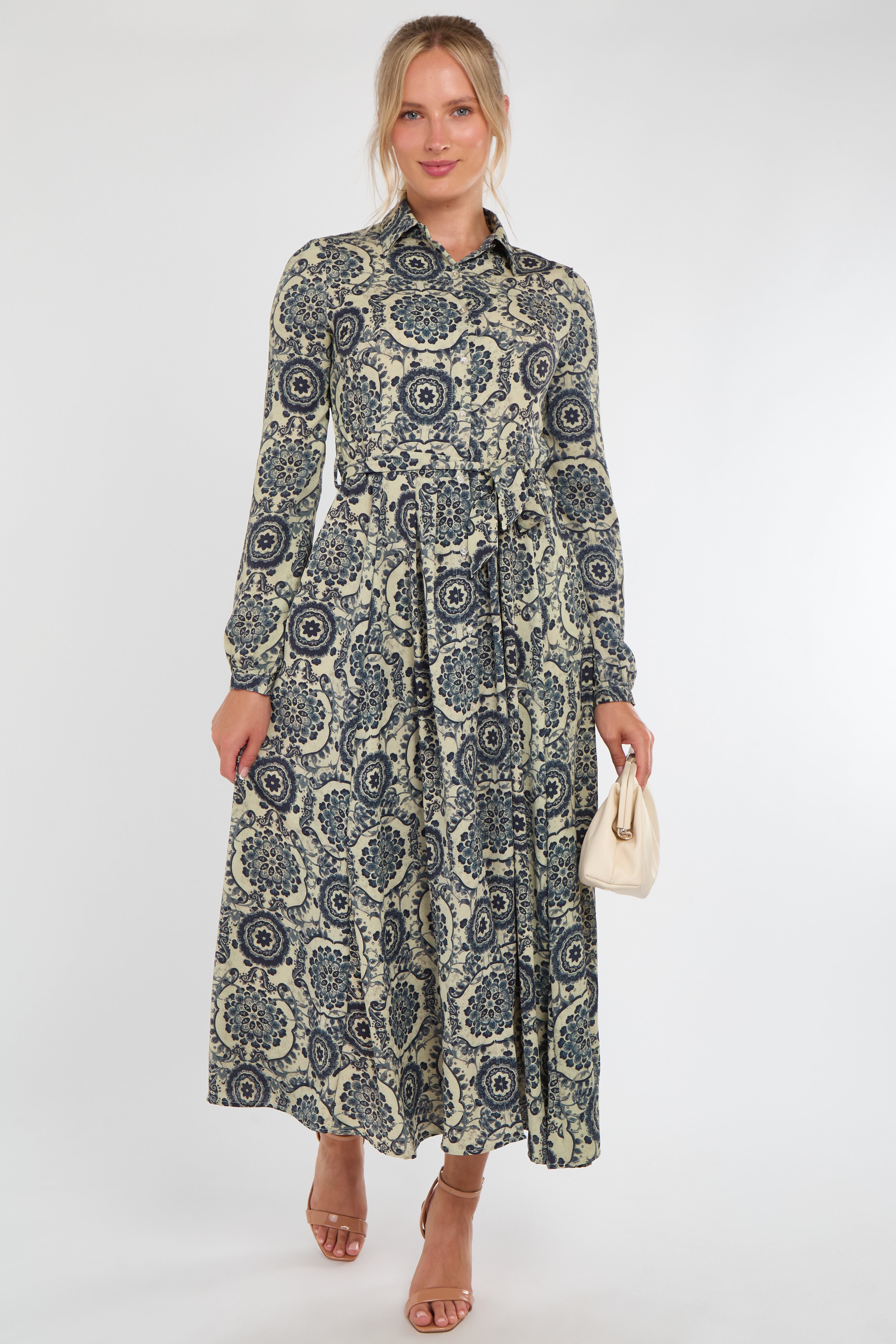 Navy and Stone Vintage Tile Print Midi Shirt Dress