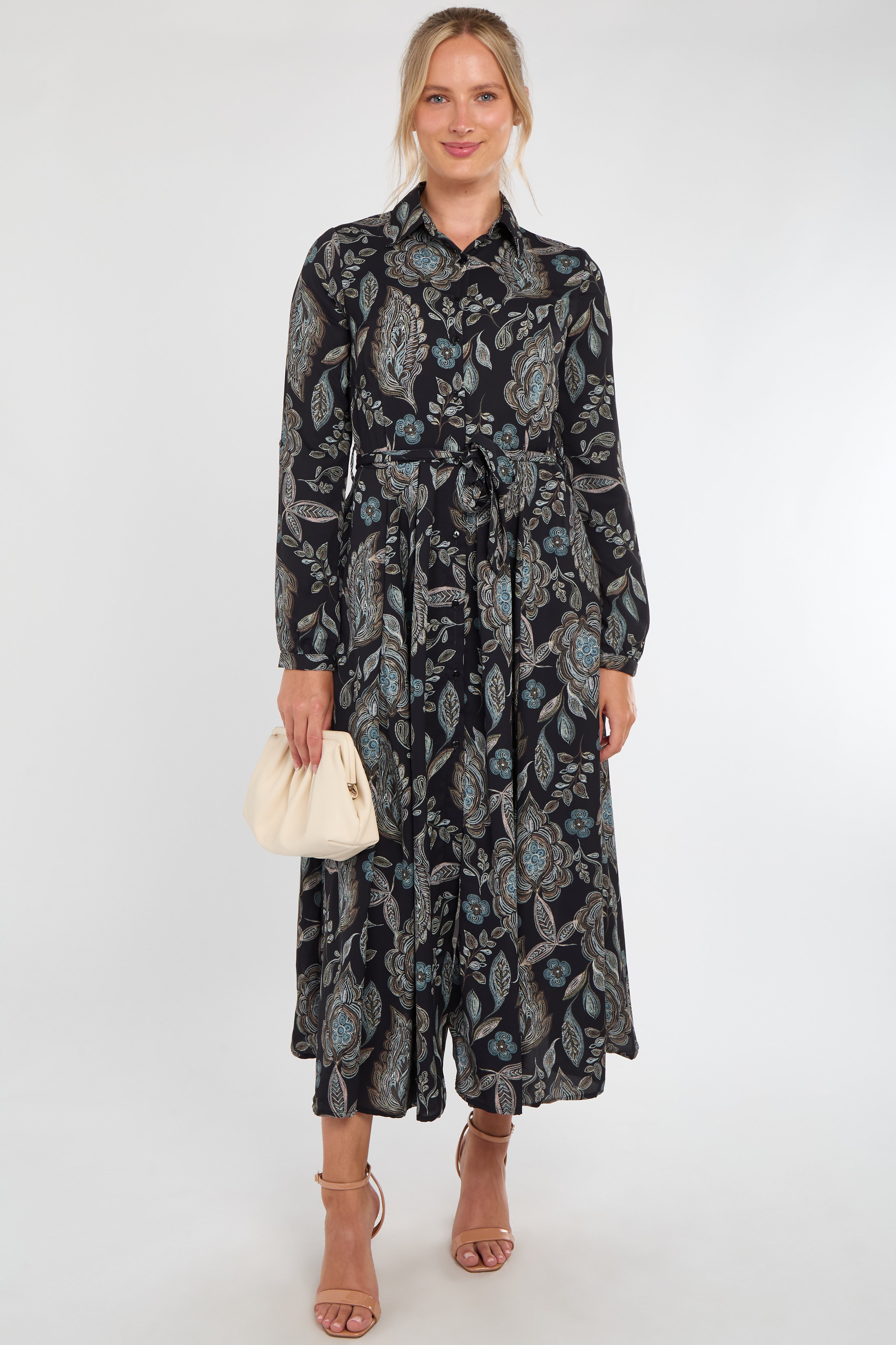 Black and Teal Vintage Floral Print Maxi Shirt Dress