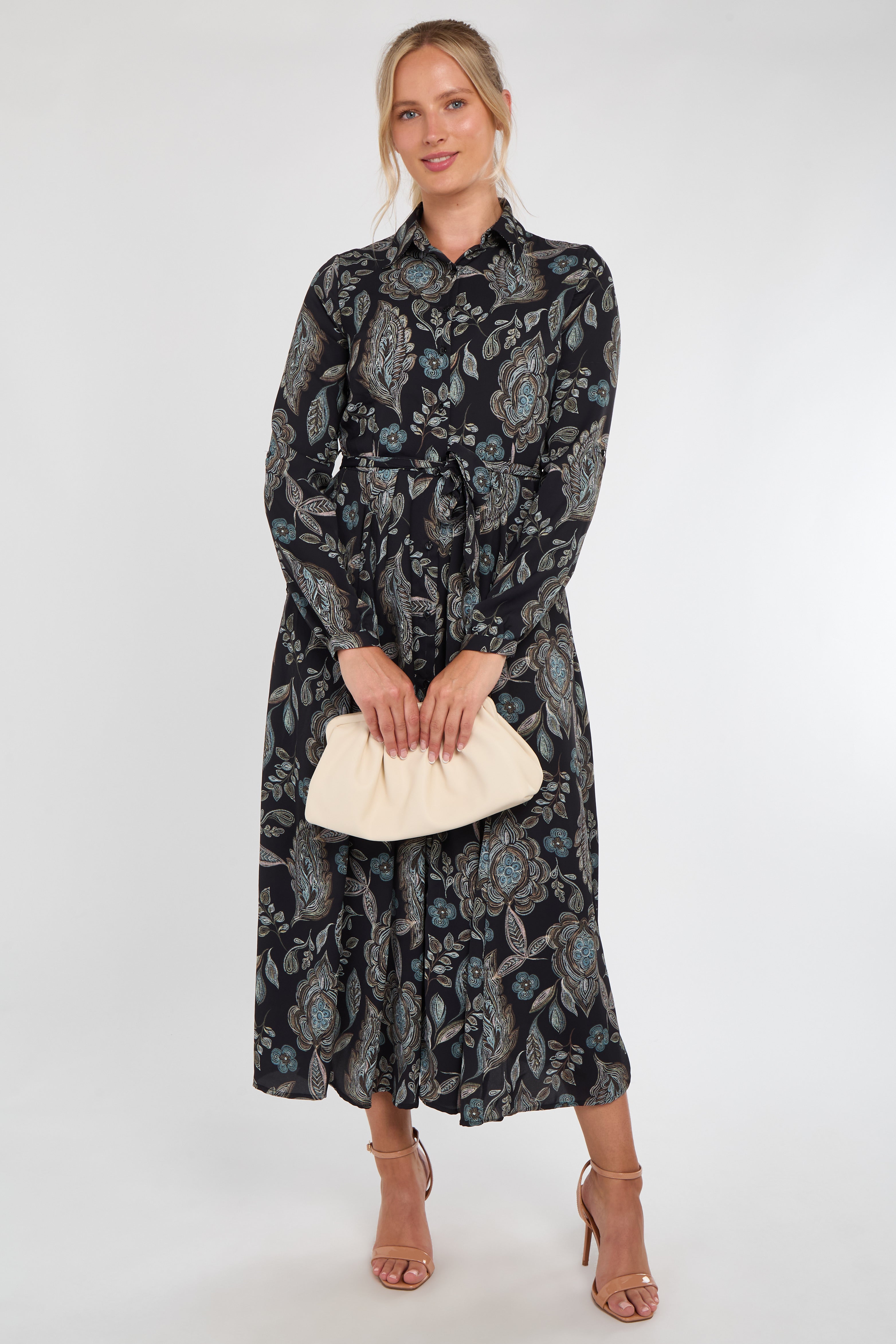 Black and Teal Vintage Floral Print Maxi Shirt Dress