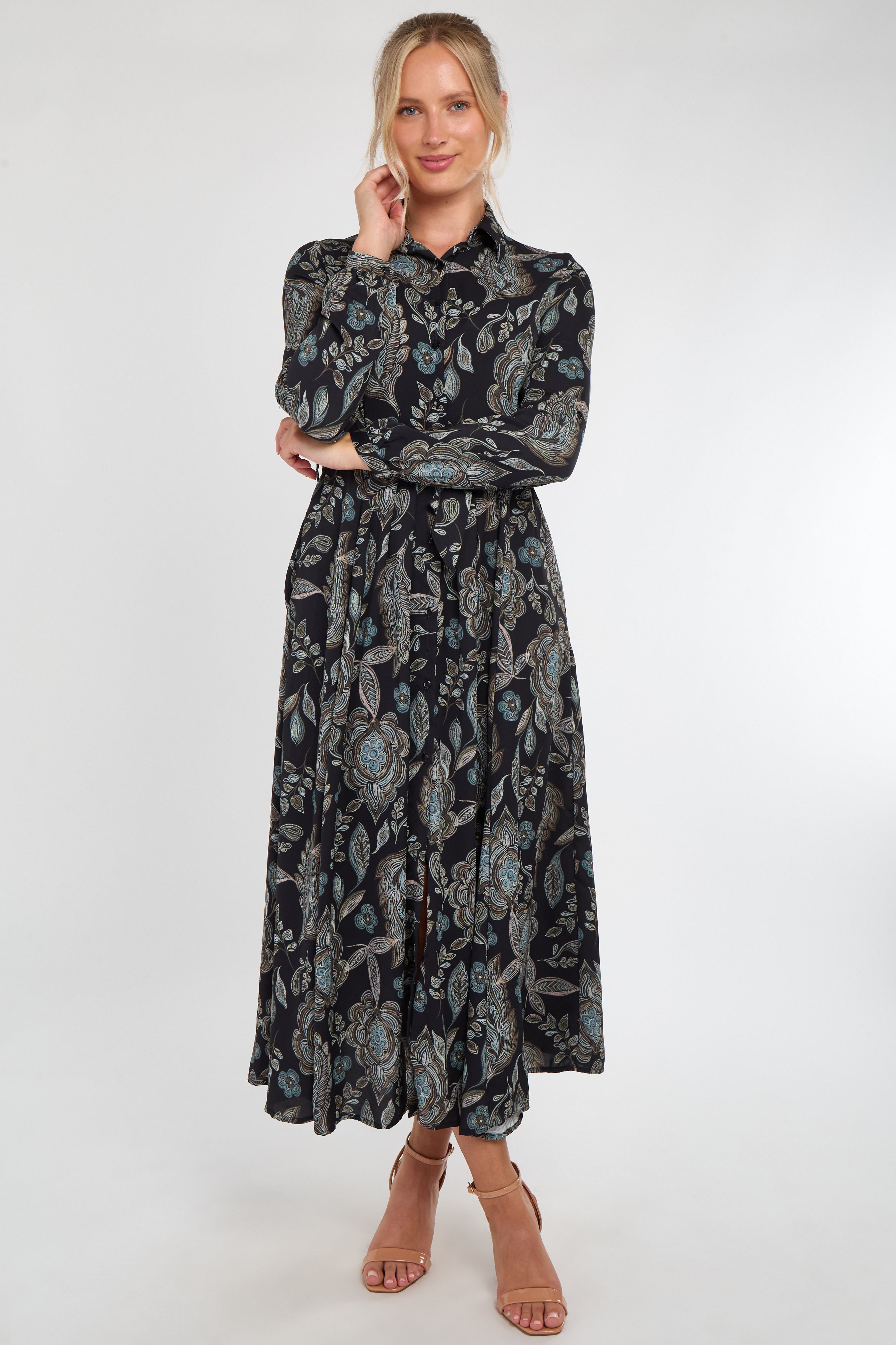 Black and Teal Vintage Floral Print Maxi Shirt Dress