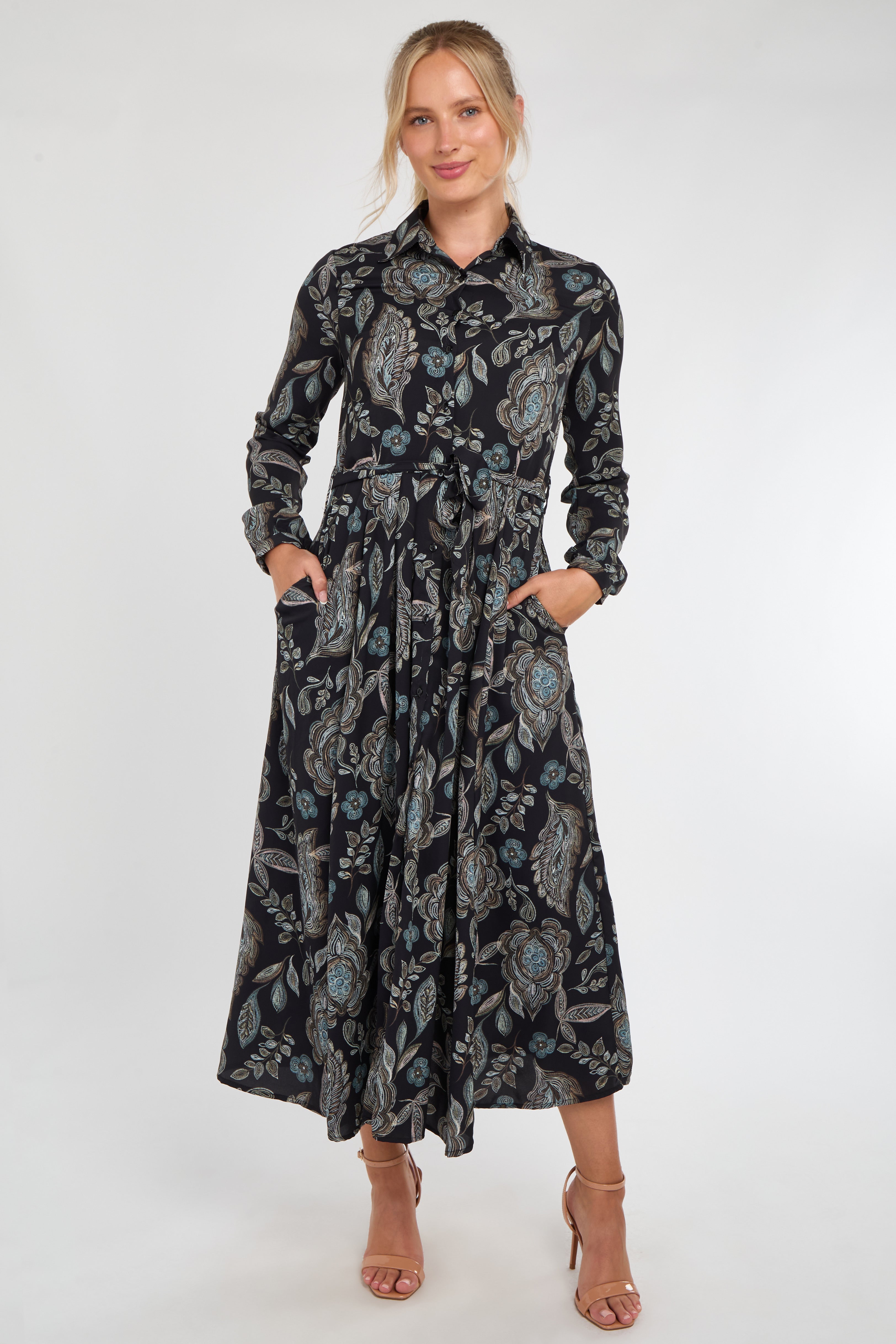 Black and Teal Vintage Floral Print Maxi Shirt Dress