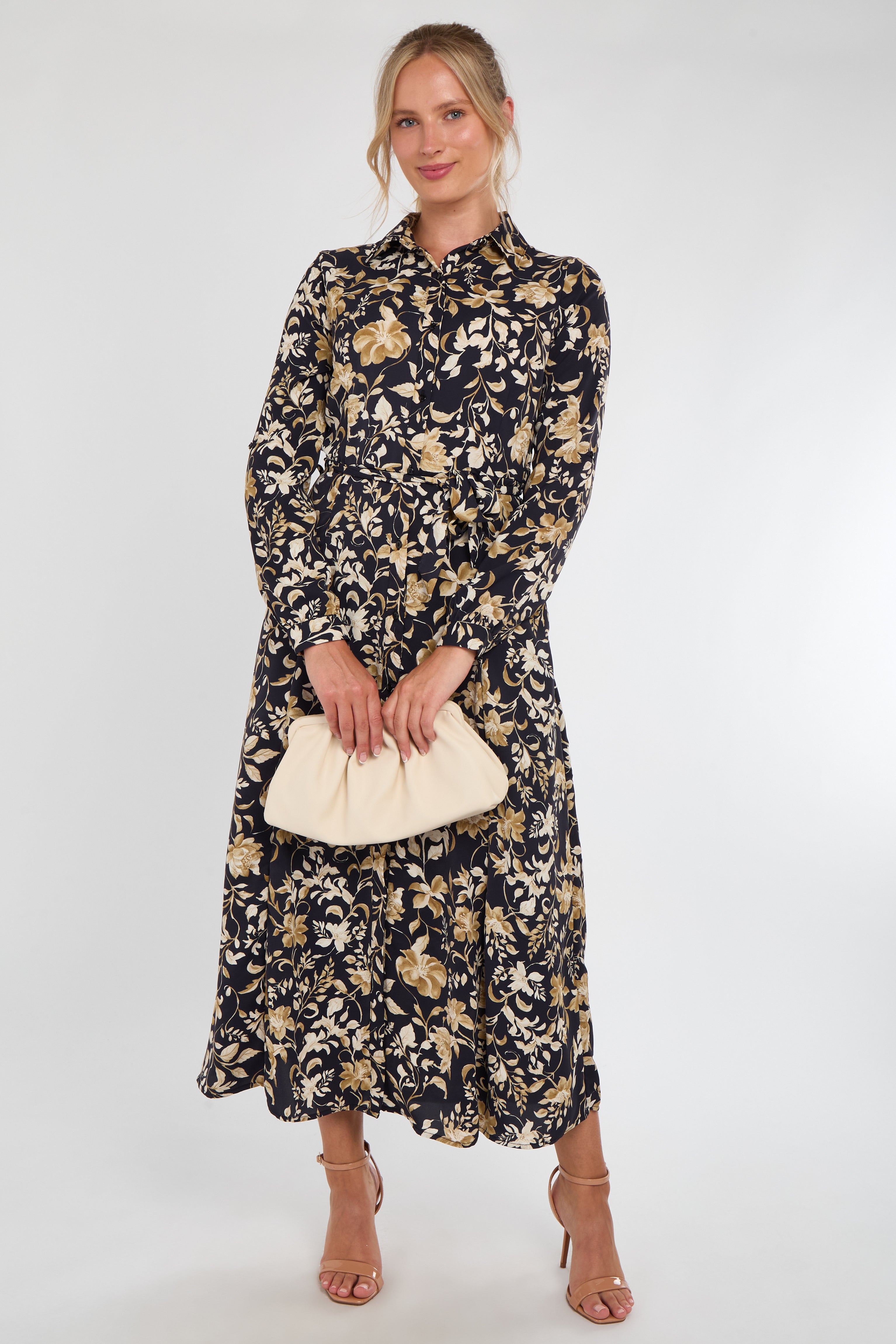 Black and Gold Botanical Print Maxi Shirt Dress