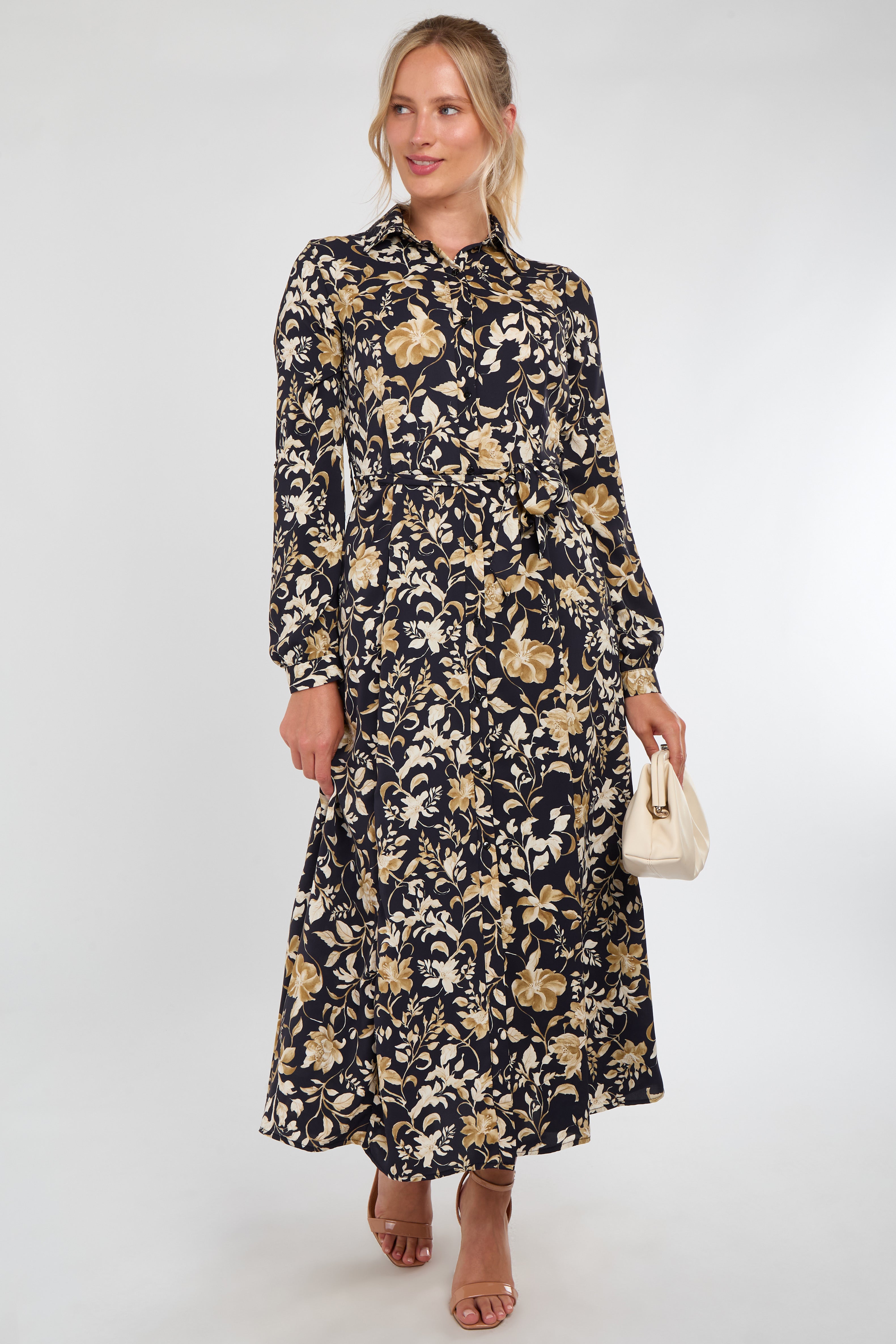 Black and Gold Botanical Print Maxi Shirt Dress