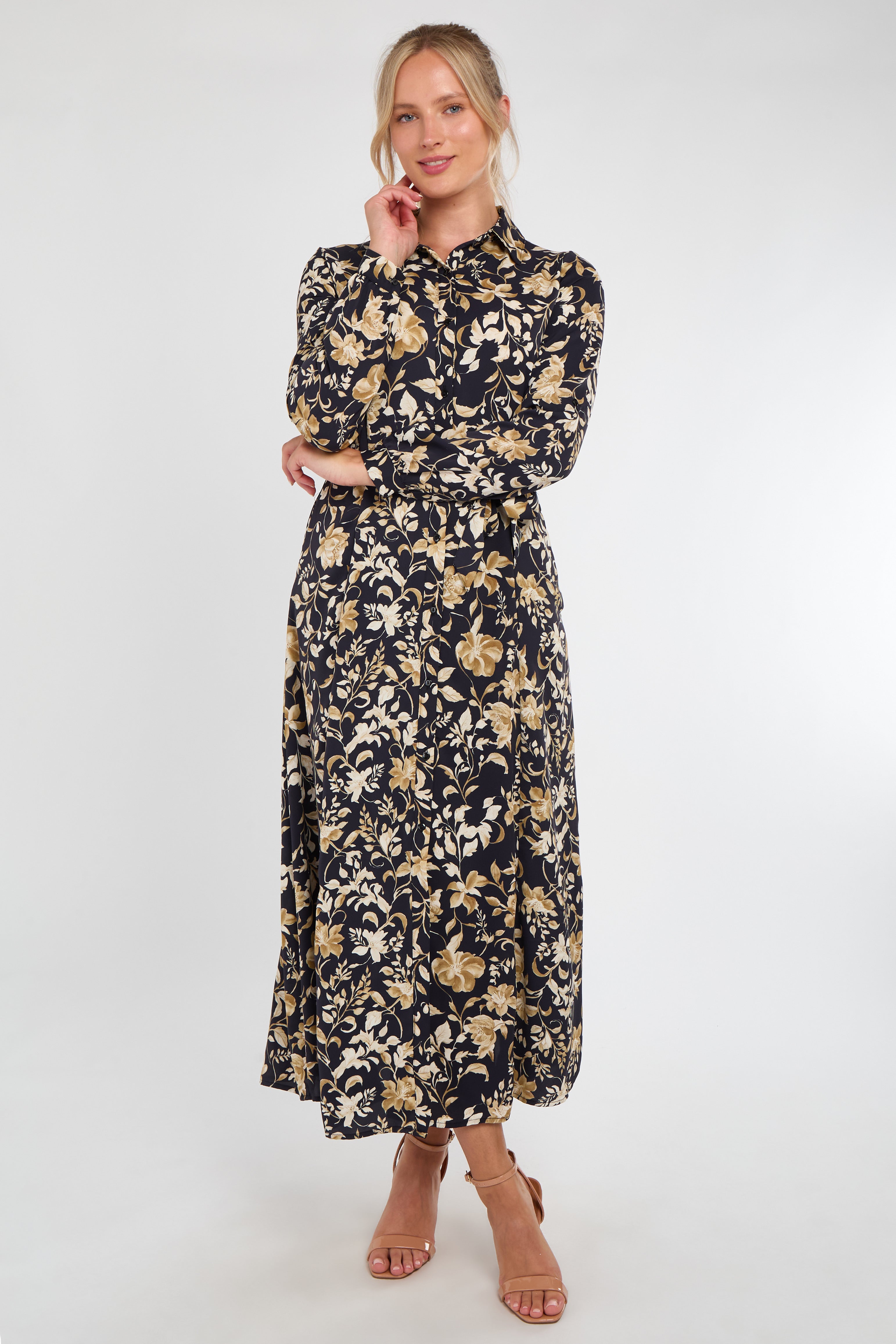 Black and Gold Botanical Print Maxi Shirt Dress