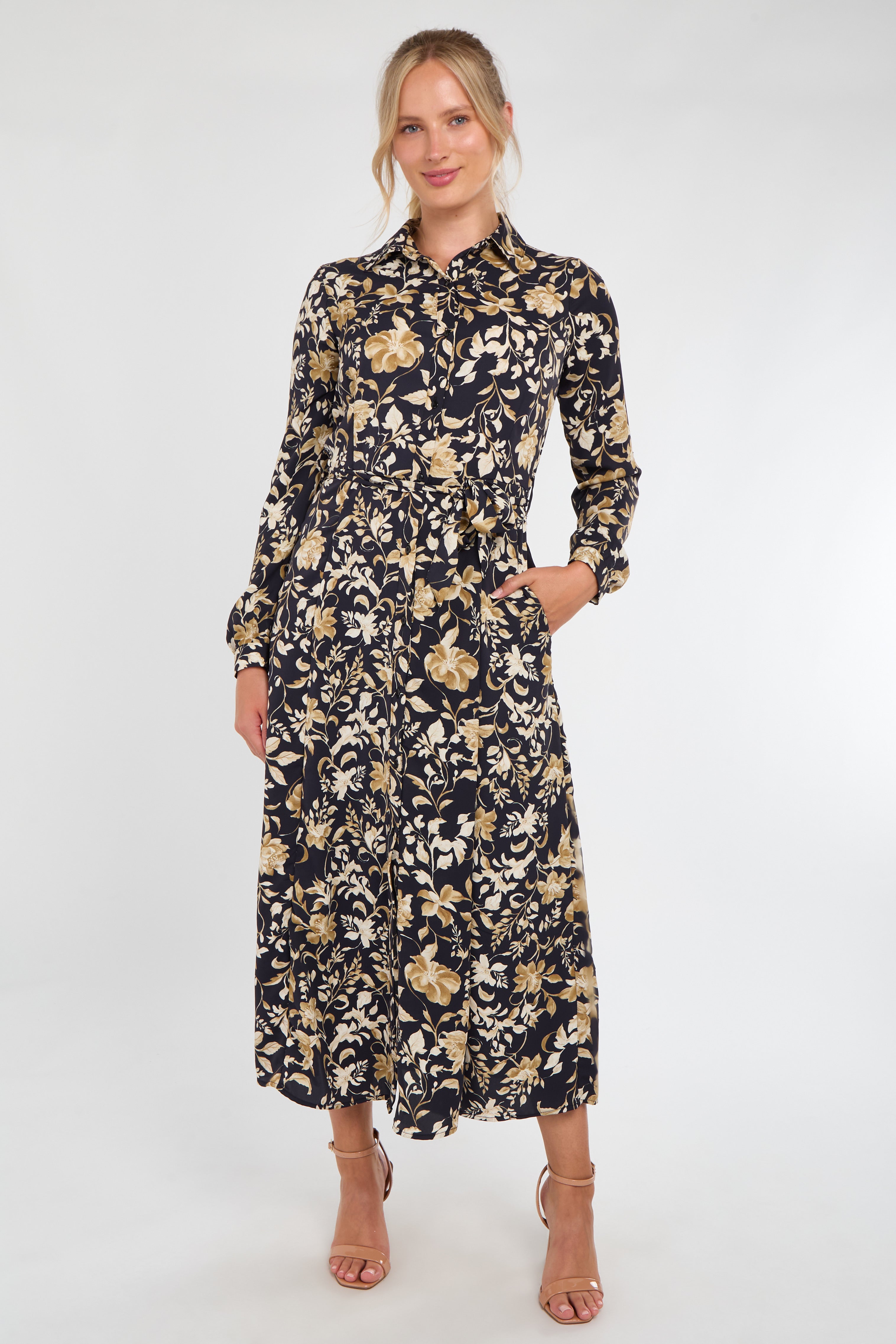 Black and Gold Botanical Print Maxi Shirt Dress