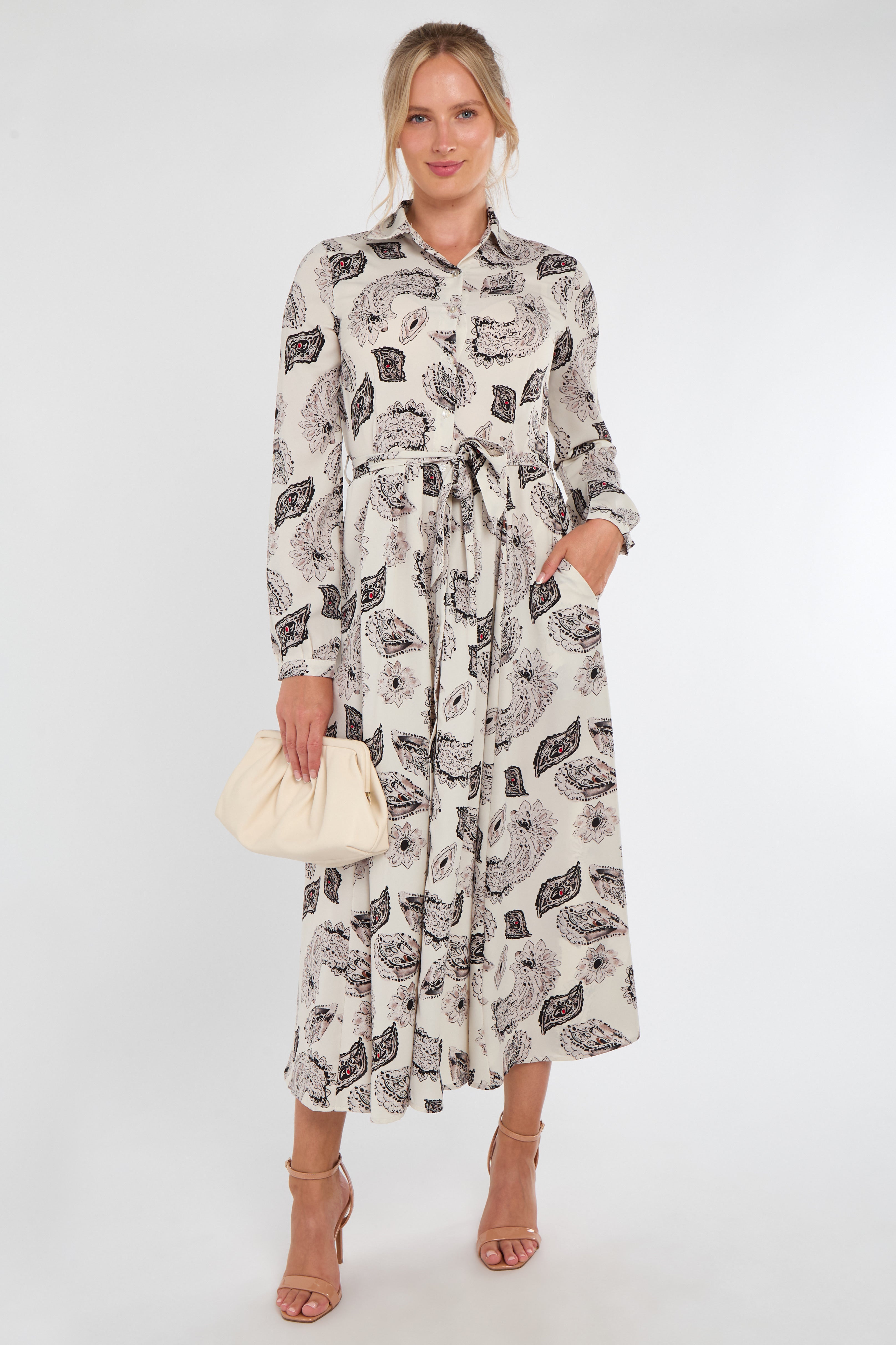 Cream and Black Paisley Print Maxi Shirt Dress