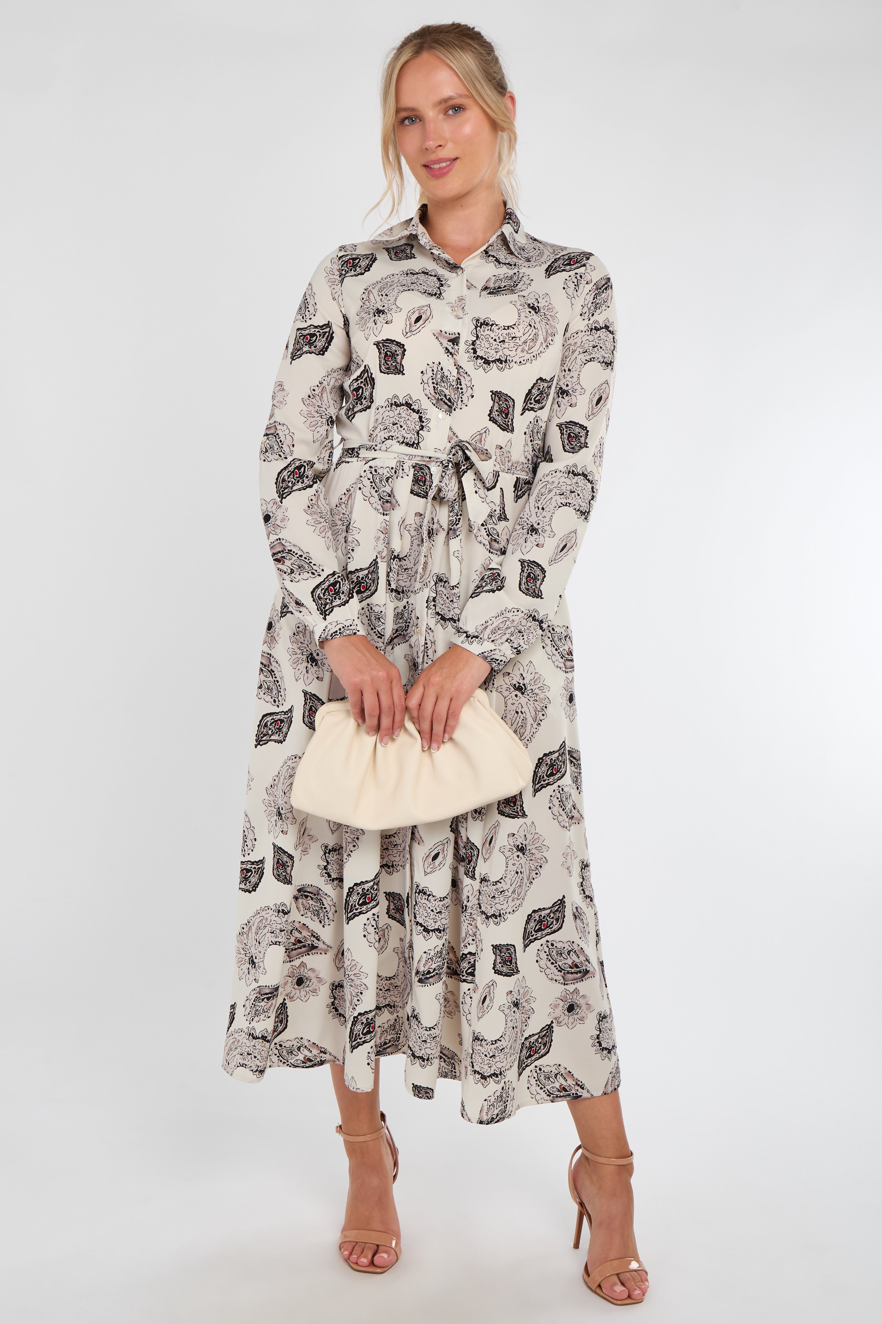 Cream and Black Paisley Print Maxi Shirt Dress