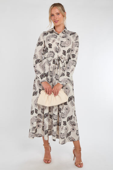 Cream and Black Paisley Print Maxi Shirt Dress