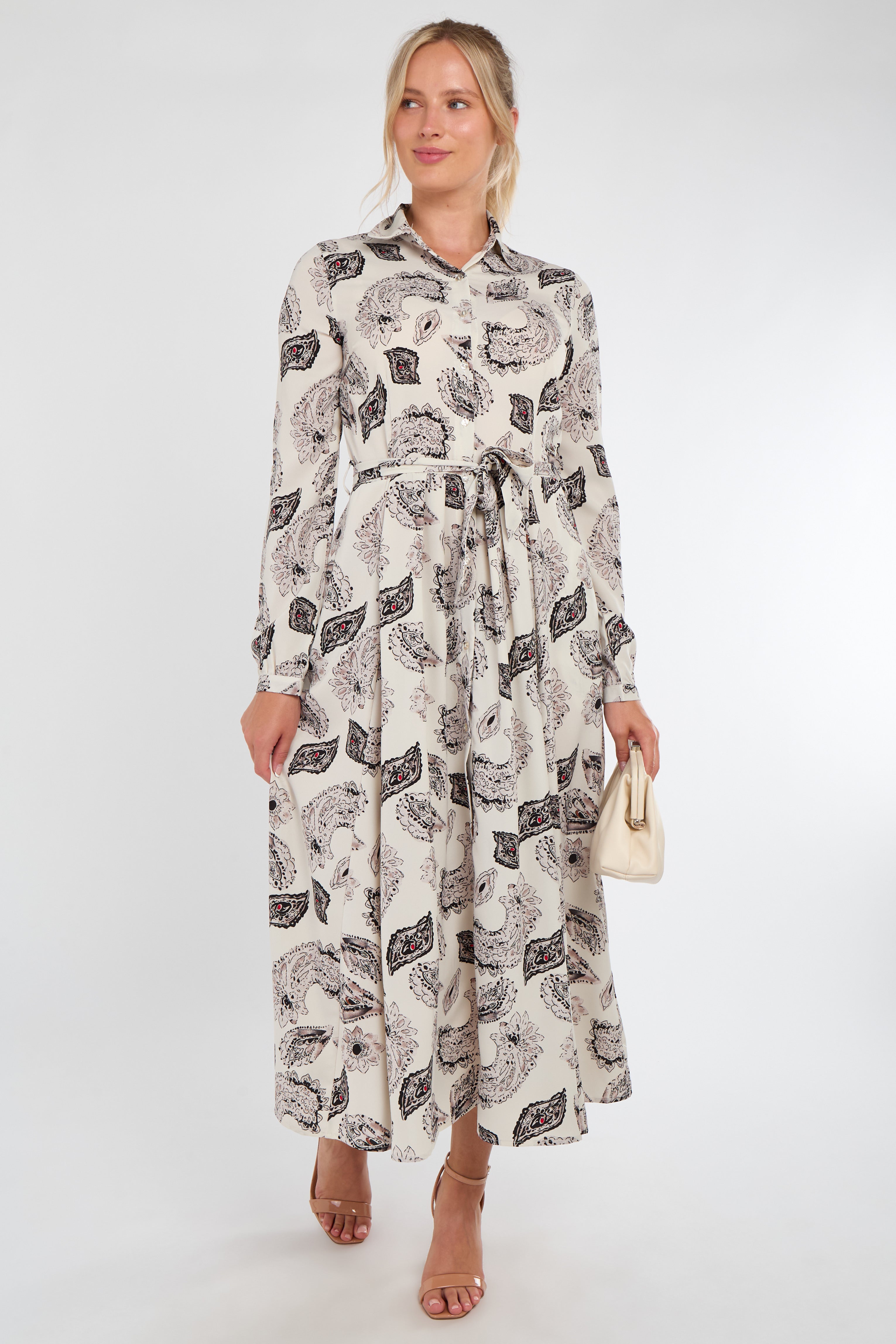 Cream and Black Paisley Print Maxi Shirt Dress