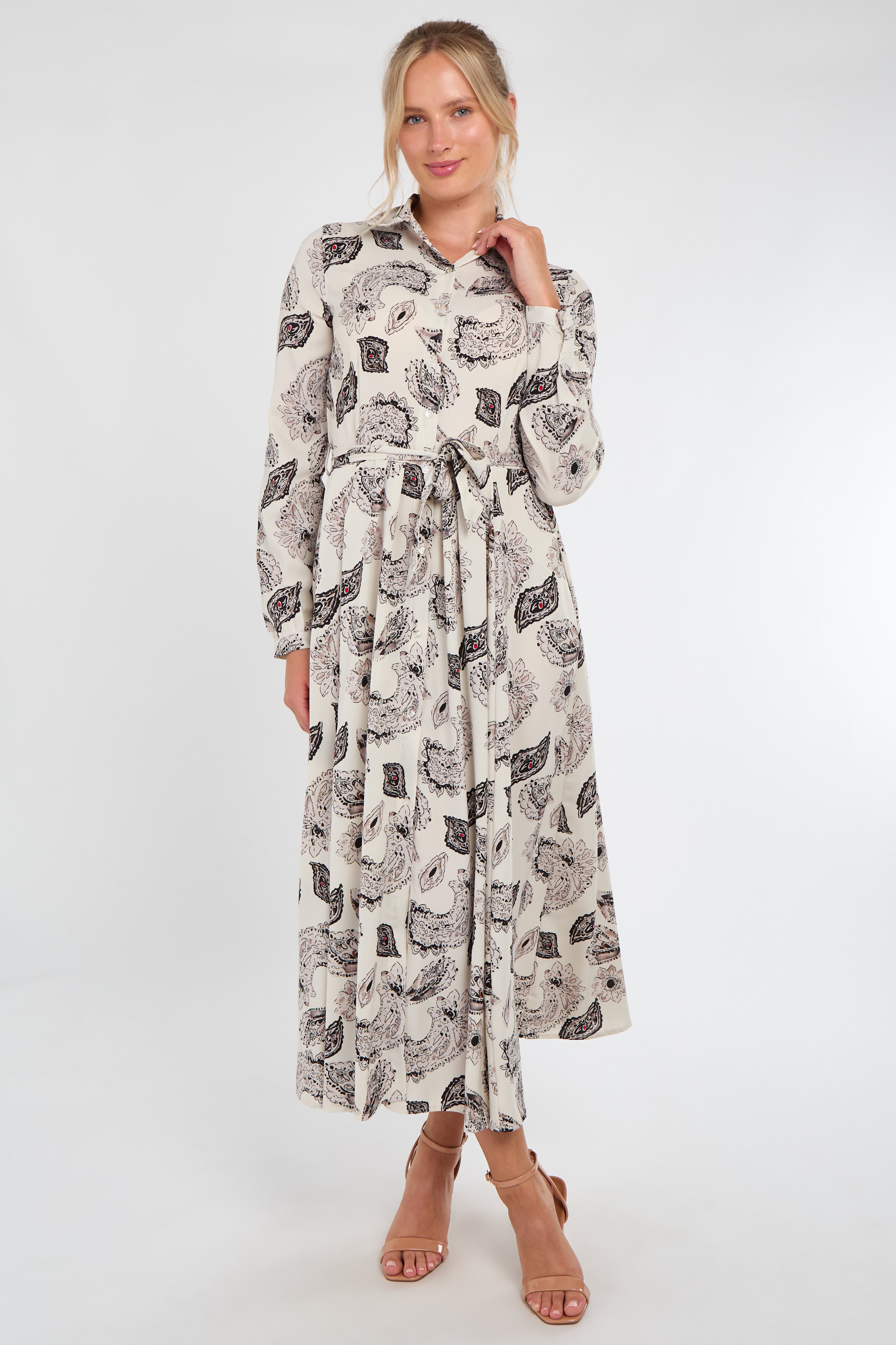 Cream and Black Paisley Print Maxi Shirt Dress