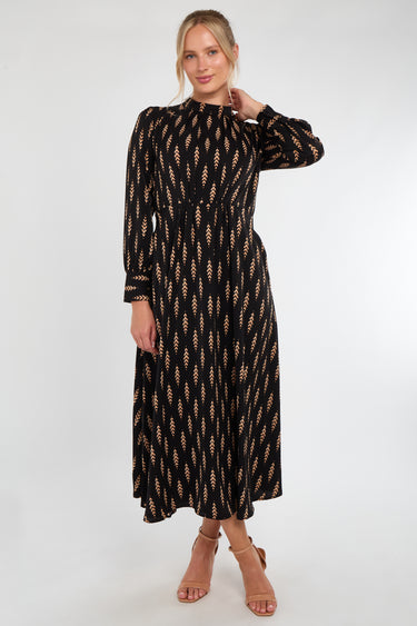 Tan Chevron Print Pleated Skirt Maxi Dress