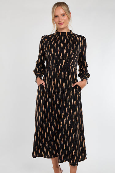 Tan Chevron Print Pleated Skirt Maxi Dress