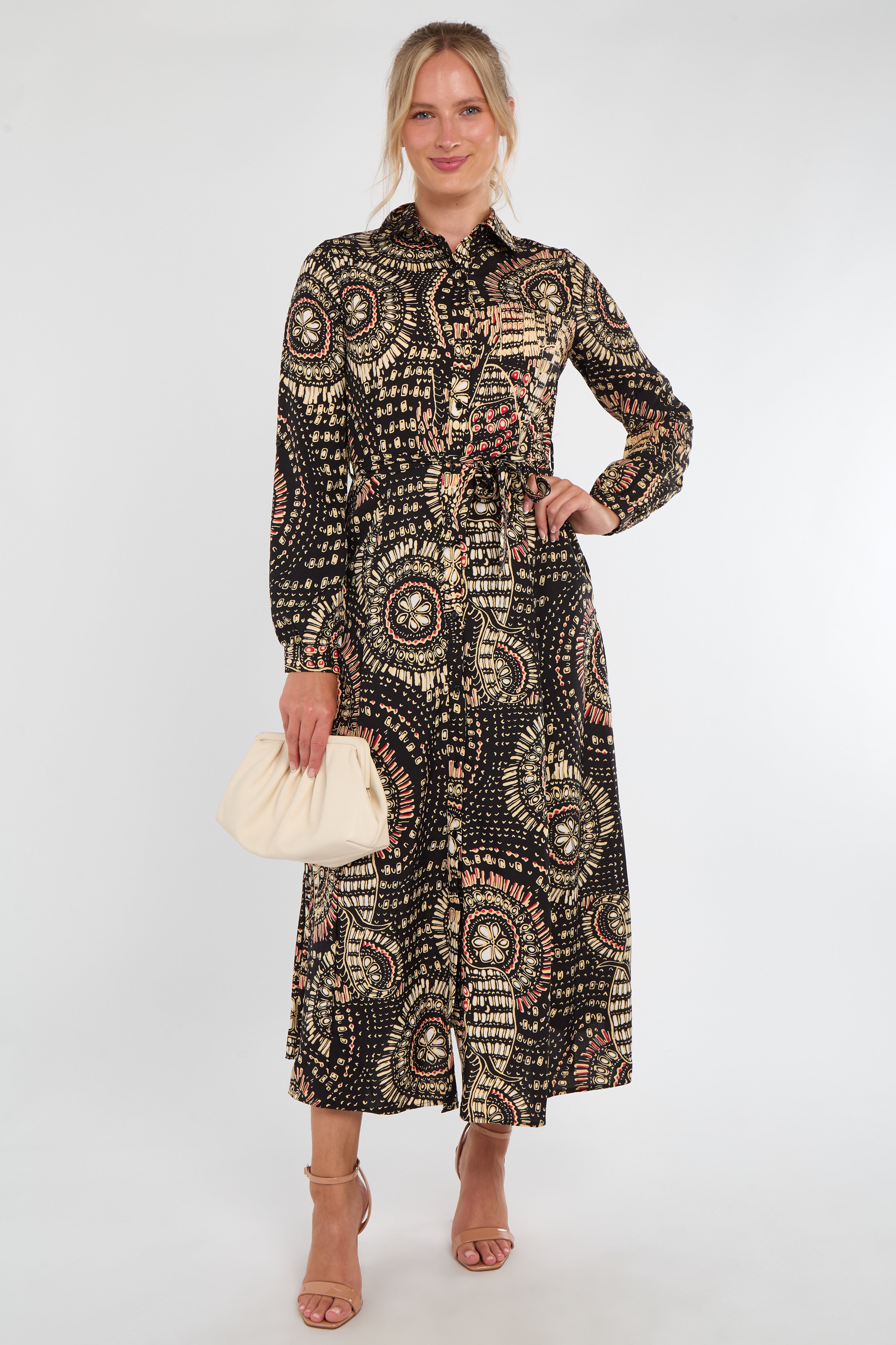 Black and Beige Mandala Print Midaxi Shirt Dress
