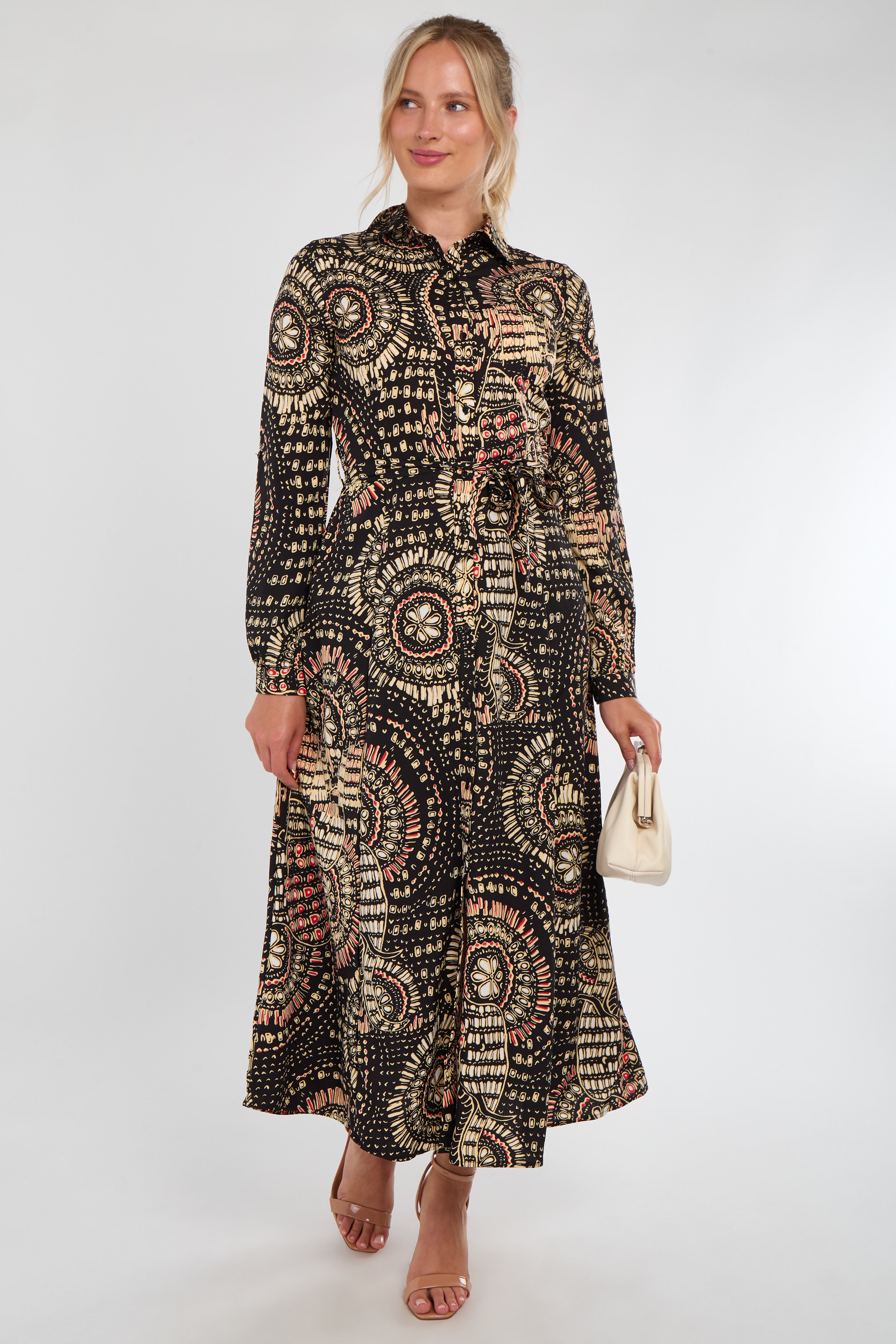 Black and Beige Mandala Print Midaxi Shirt Dress