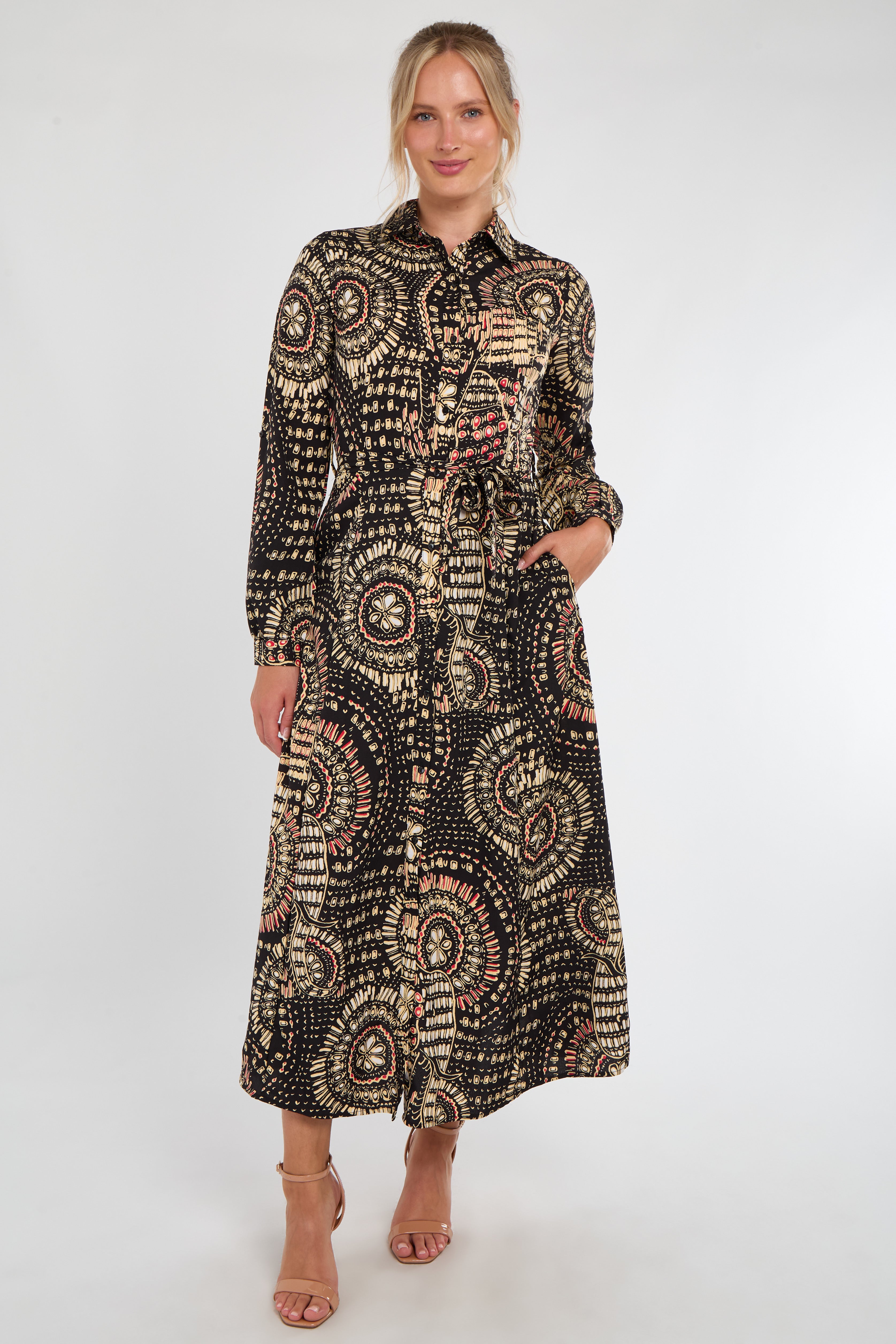 Black and Beige Mandala Print Midaxi Shirt Dress