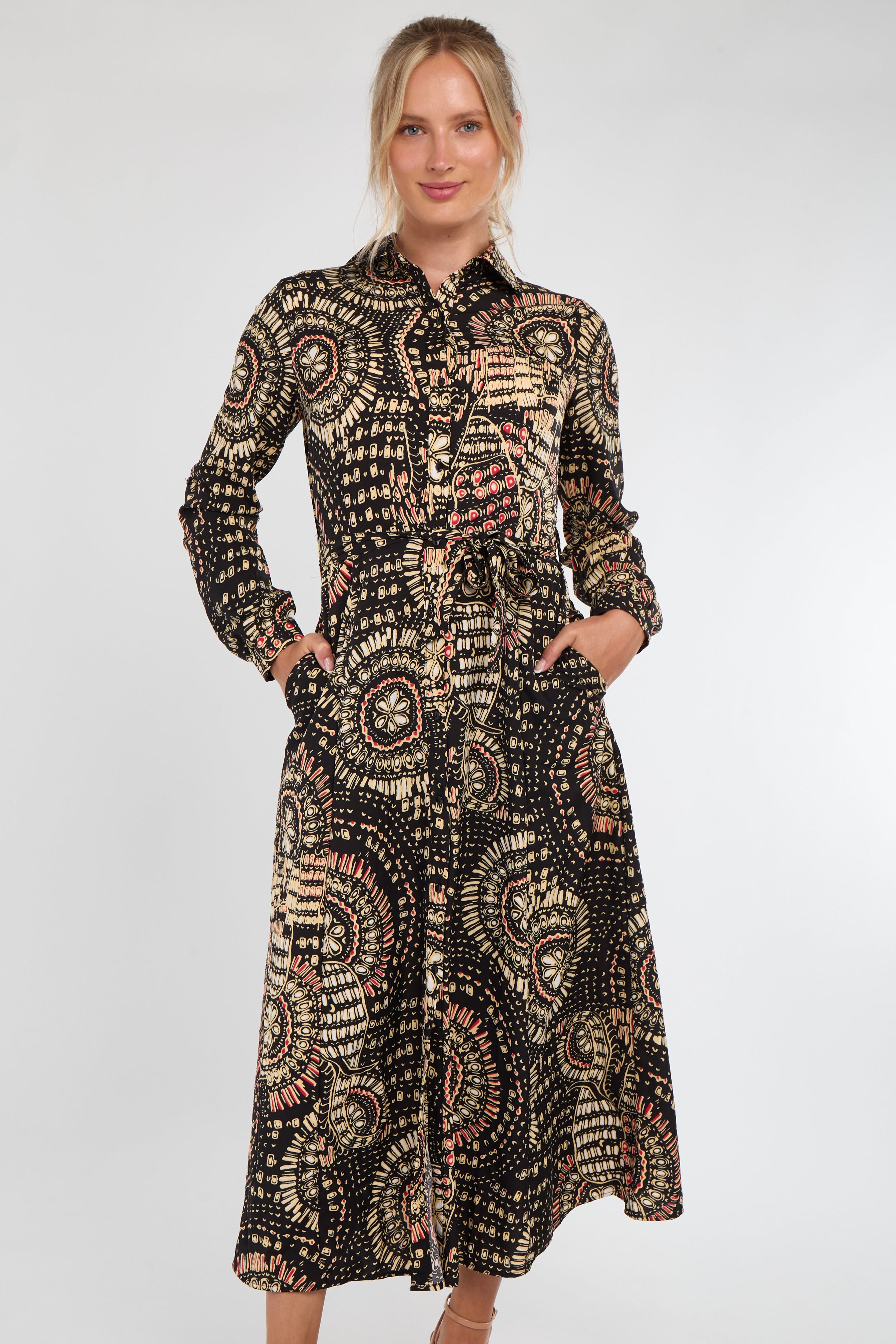 Black and Beige Mandala Print Midaxi Shirt Dress