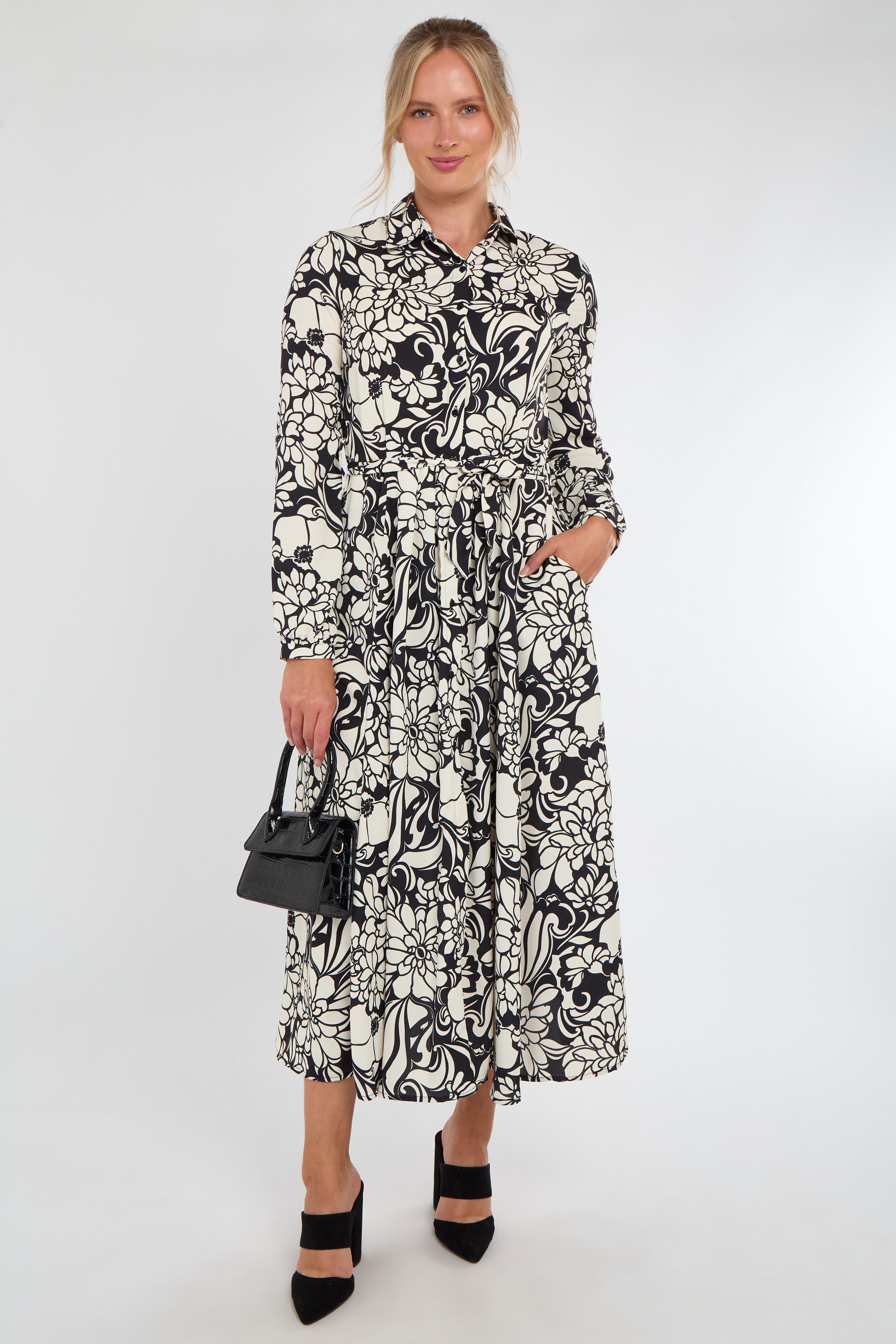 Mono Floral Swirl Print Midi Shirt Dress