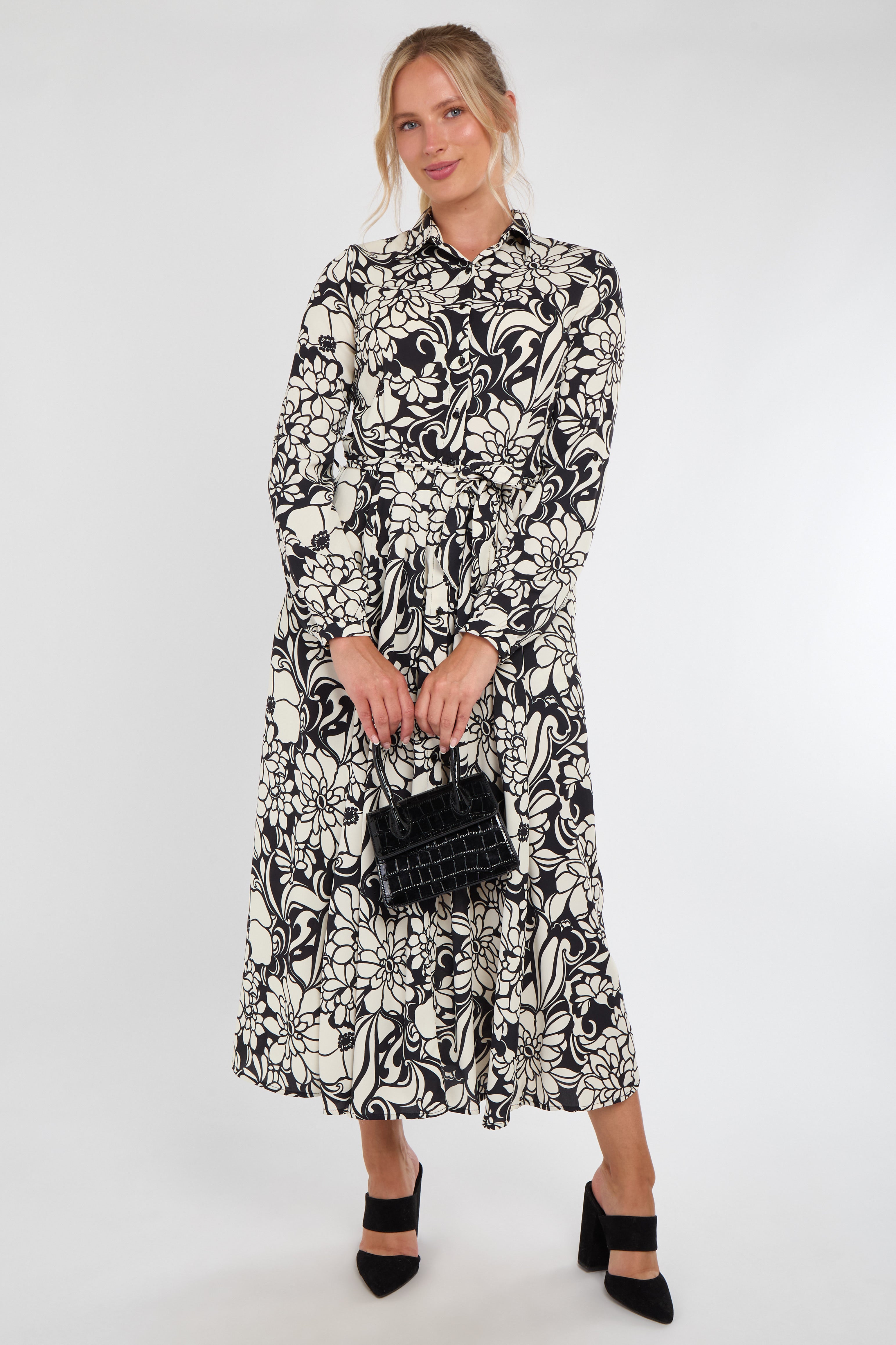 Mono Floral Swirl Print Midi Shirt Dress