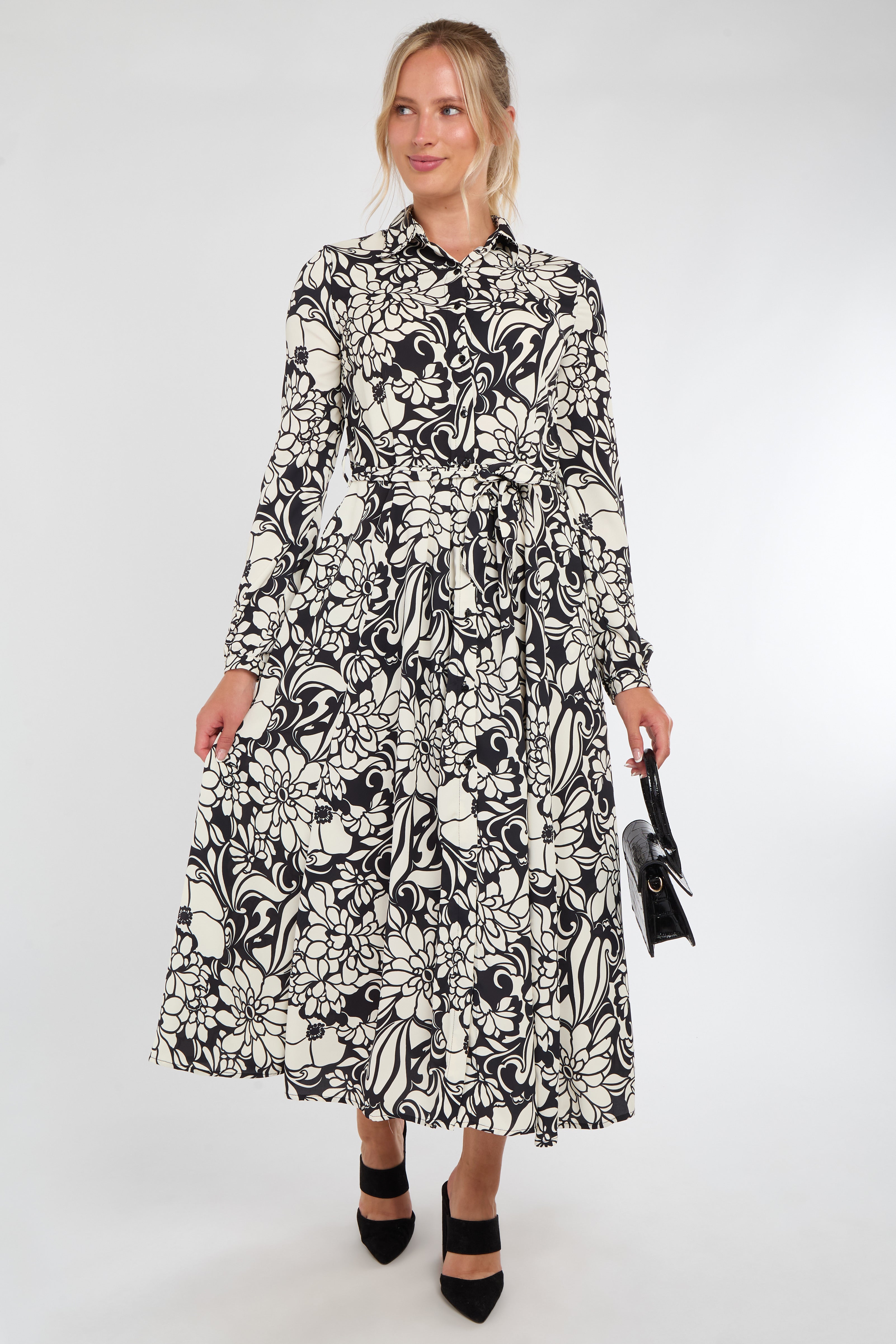 Mono Floral Swirl Print Midi Shirt Dress