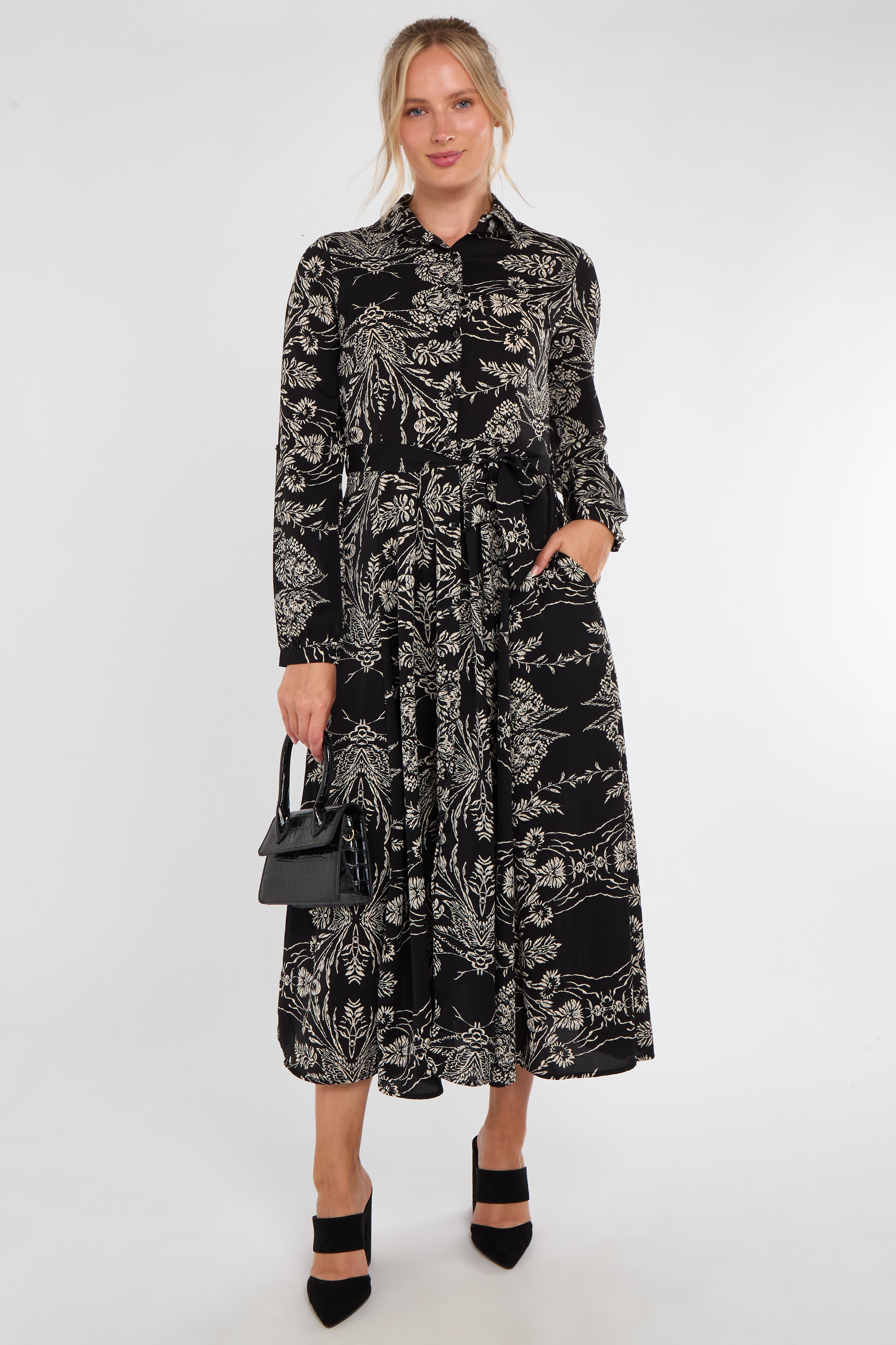 Black Sketch Botanical Print Maxi Shirt Dress