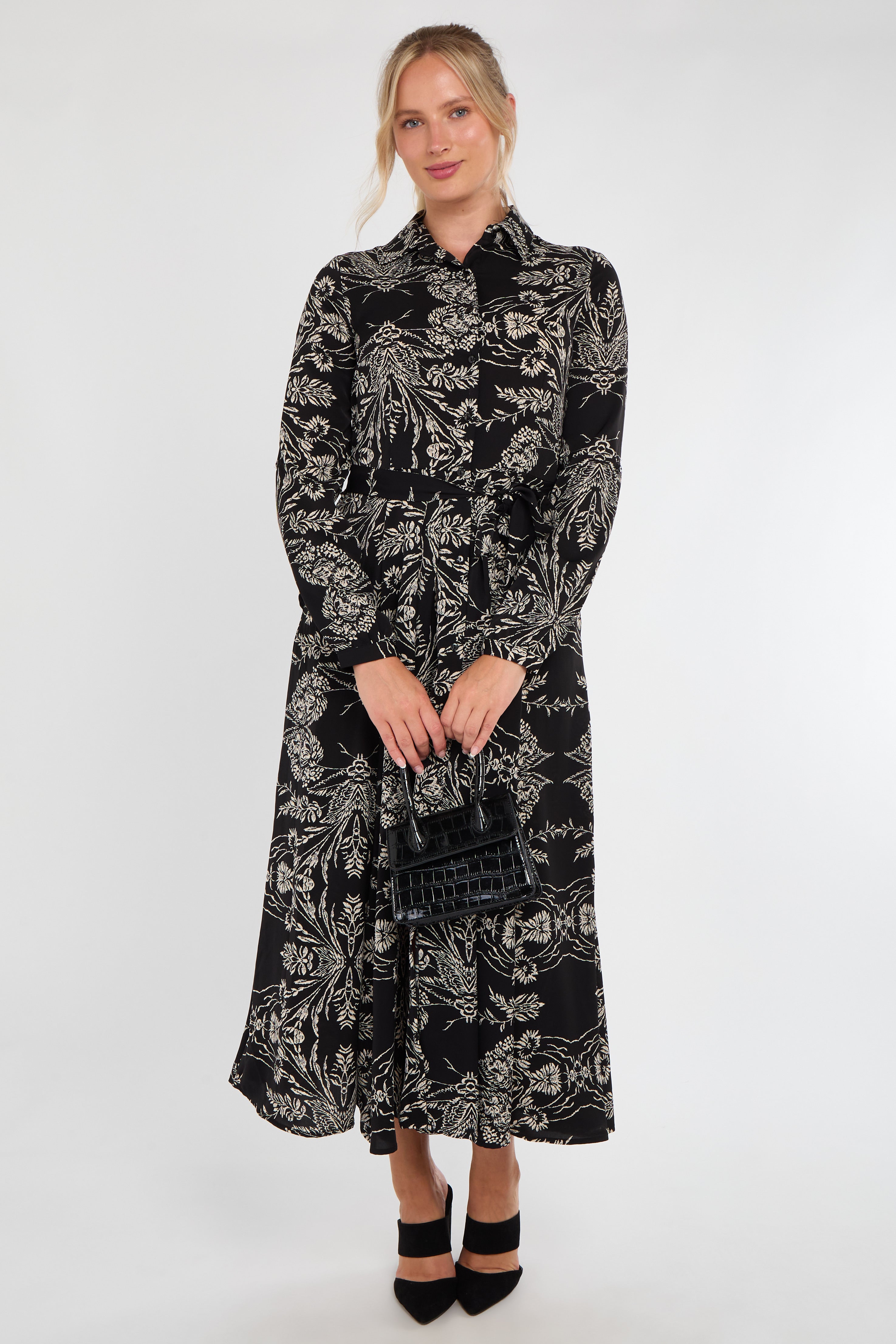 Black Sketch Botanical Print Maxi Shirt Dress