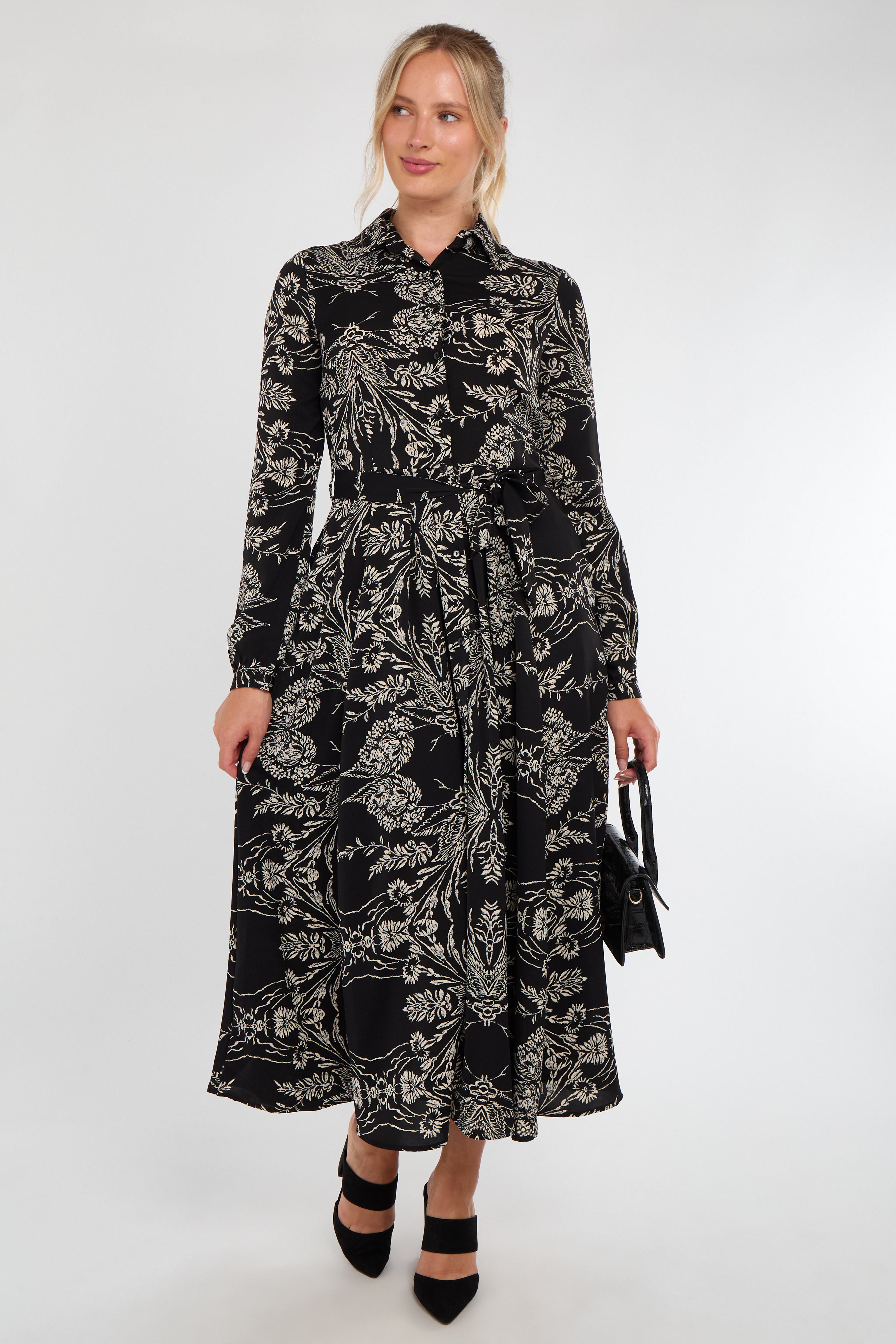 Black Sketch Botanical Print Maxi Shirt Dress
