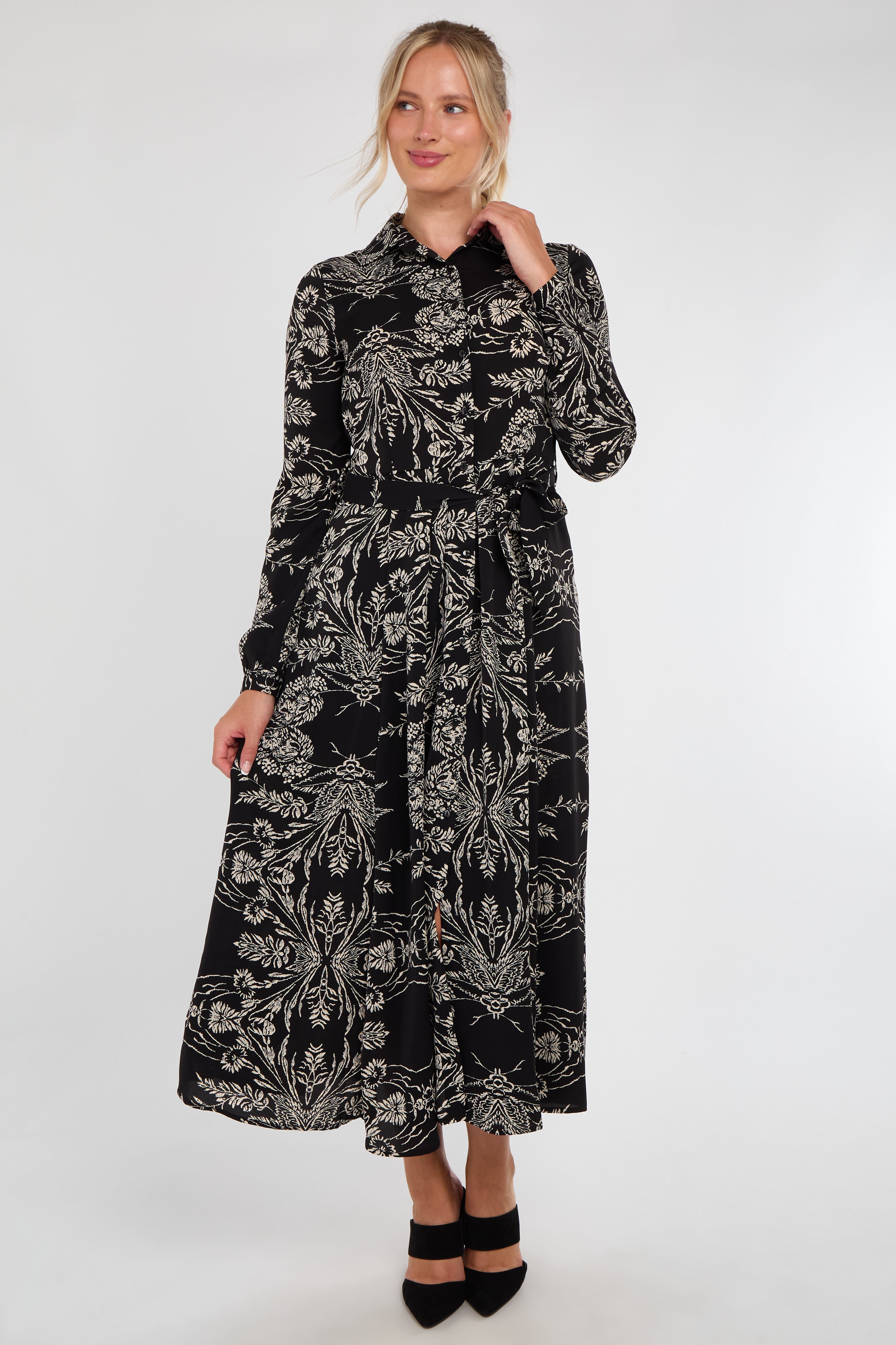 Black Sketch Botanical Print Maxi Shirt Dress