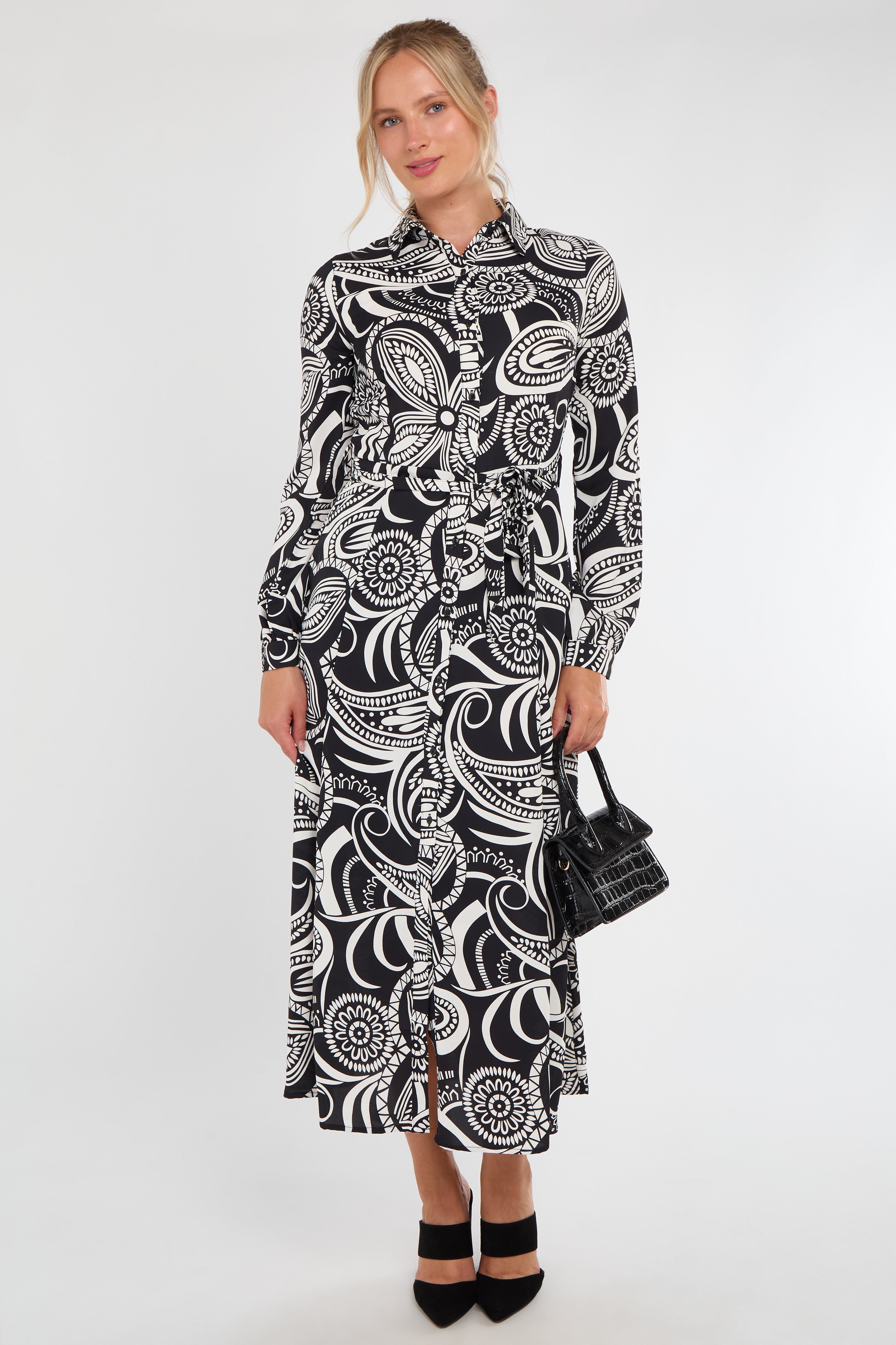 Black Retro Floral Swirl Print Maxi Shirt Dress
