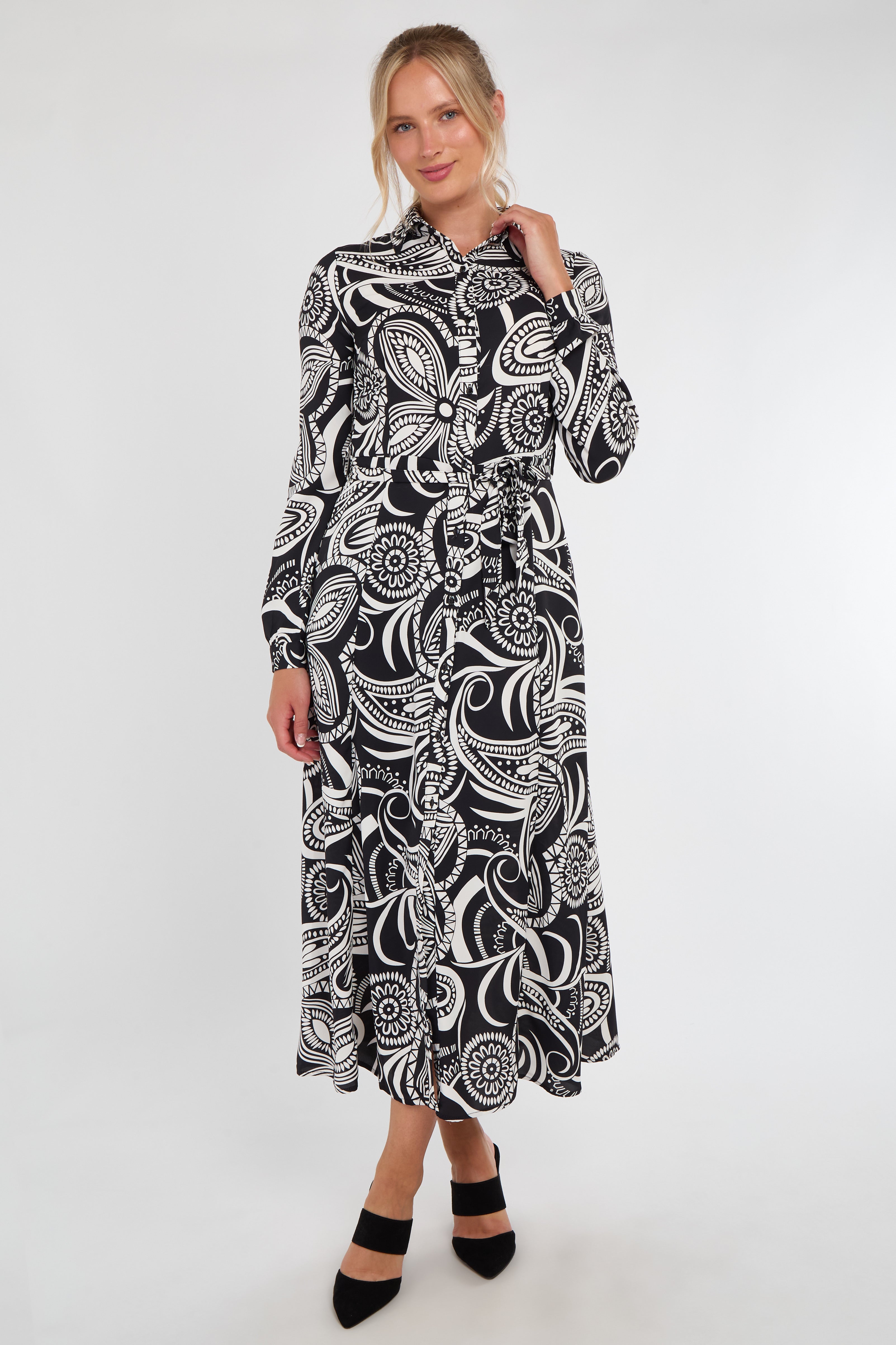 Mono Floral Swirl Print Midi Shirt Dress