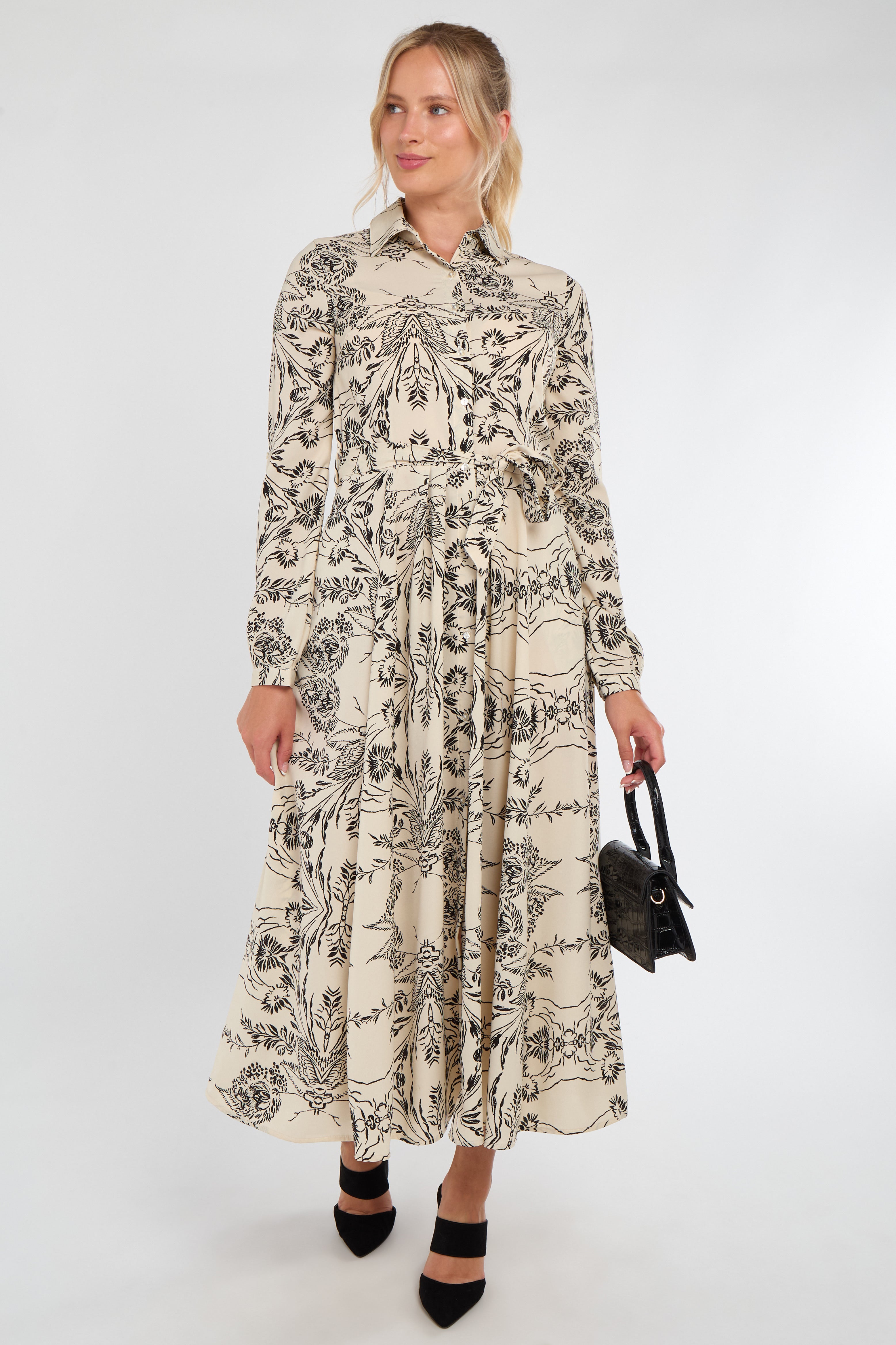 Cream Sketch Botanical Print Maxi Shirt Dress