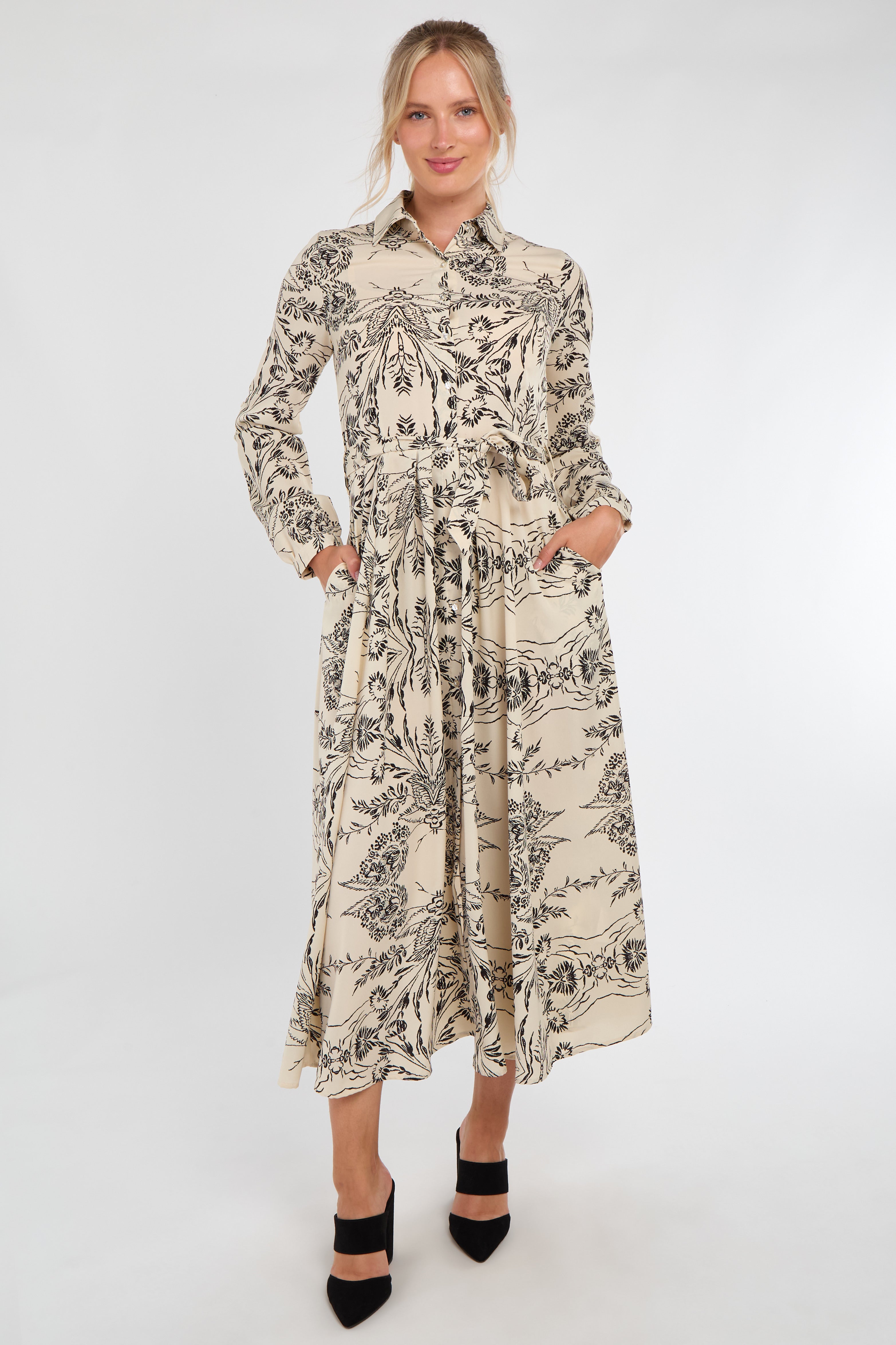 Cream Sketch Botanical Print Maxi Shirt Dress