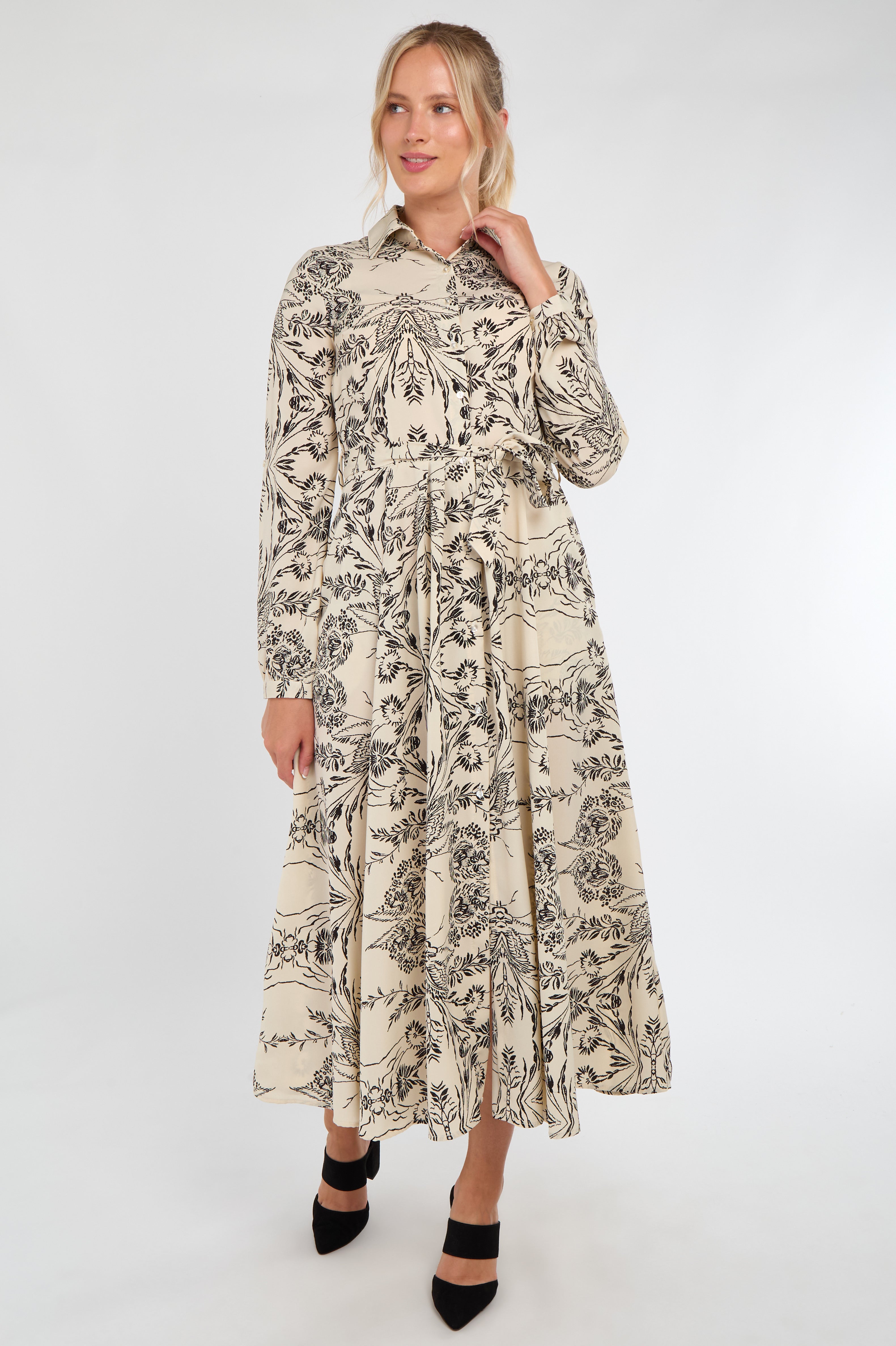 Cream Sketch Botanical Print Maxi Shirt Dress