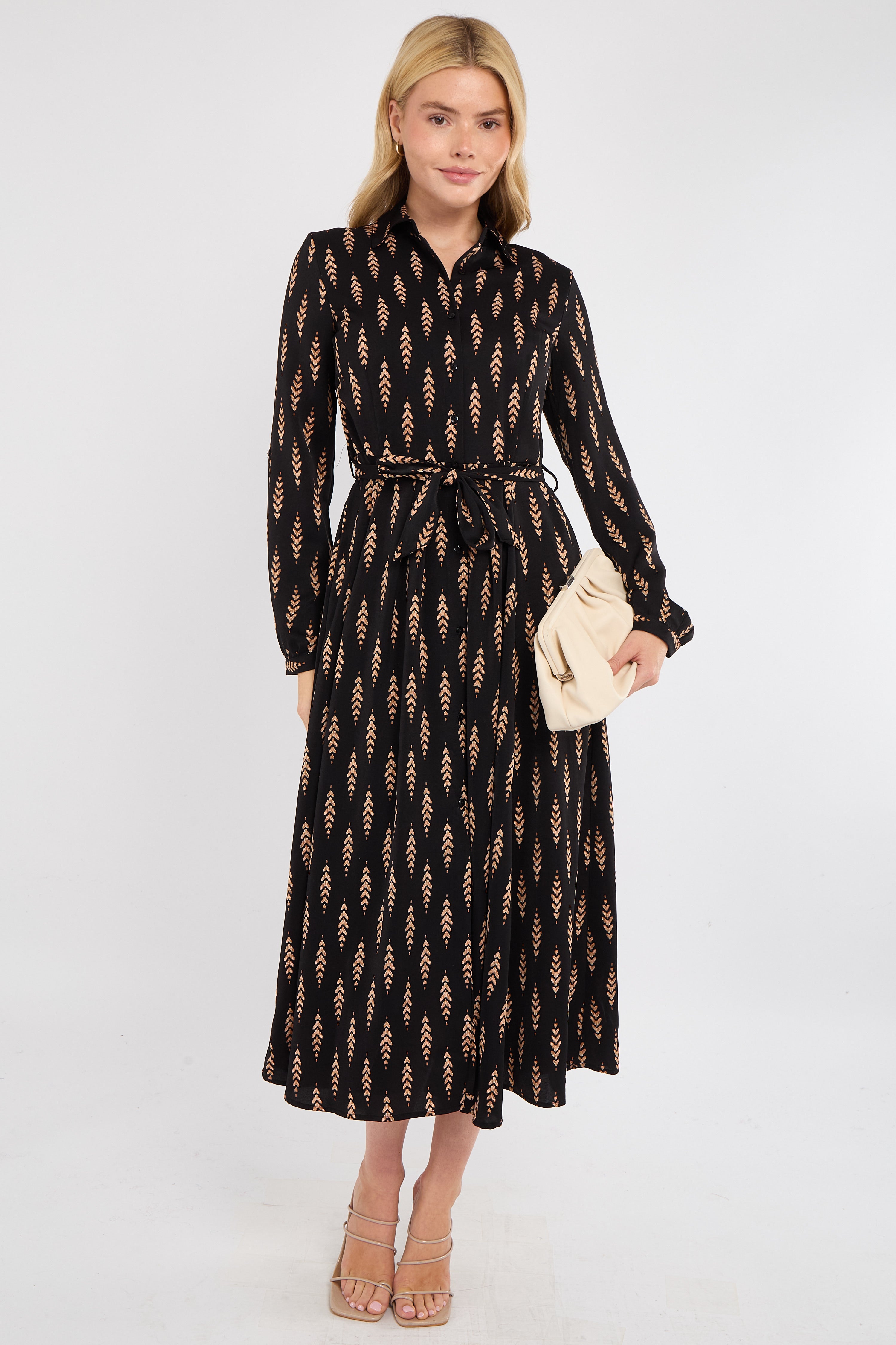 Tan Chevron Print Midaxi Shirt Dress