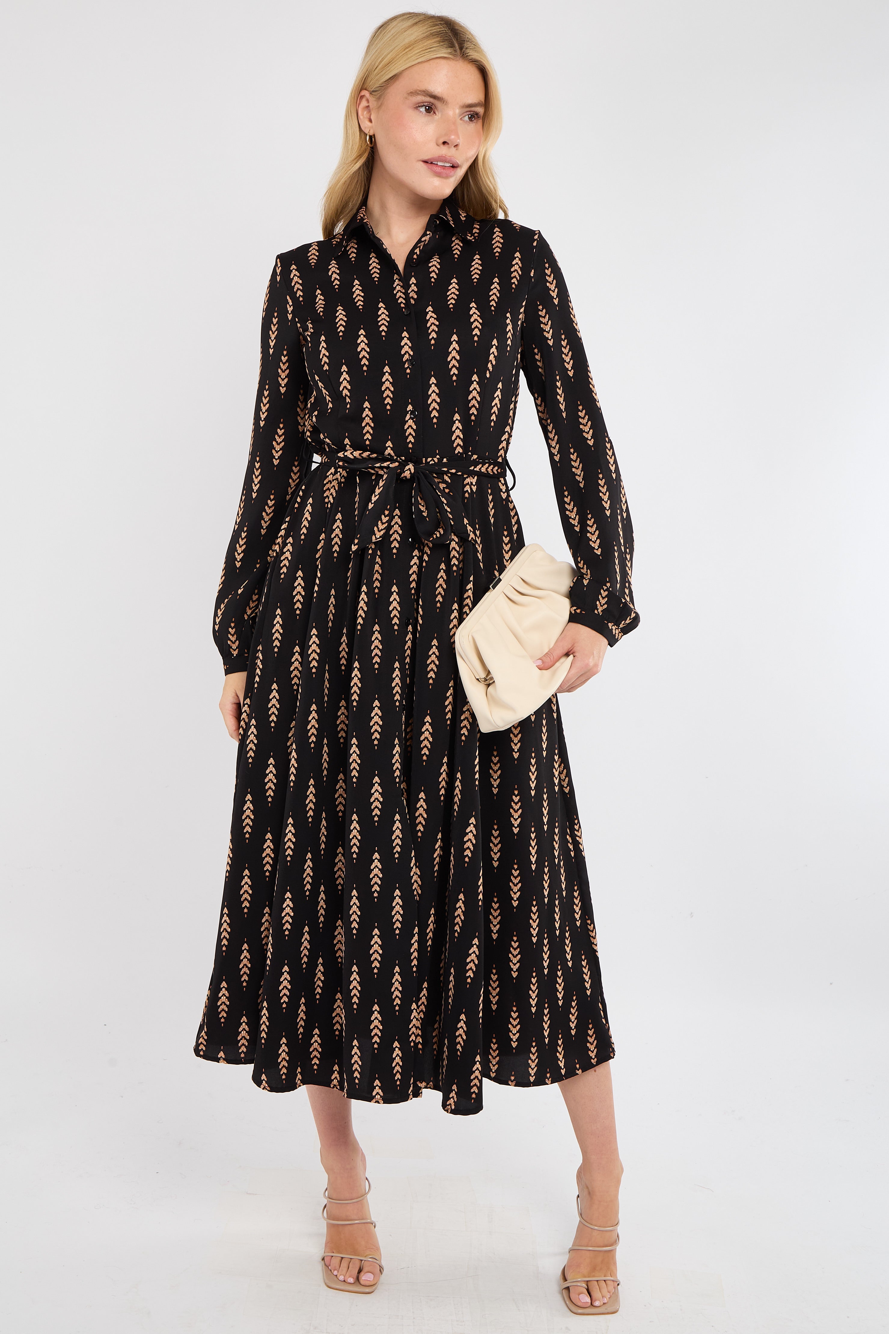 Tan Chevron Print Midaxi Shirt Dress