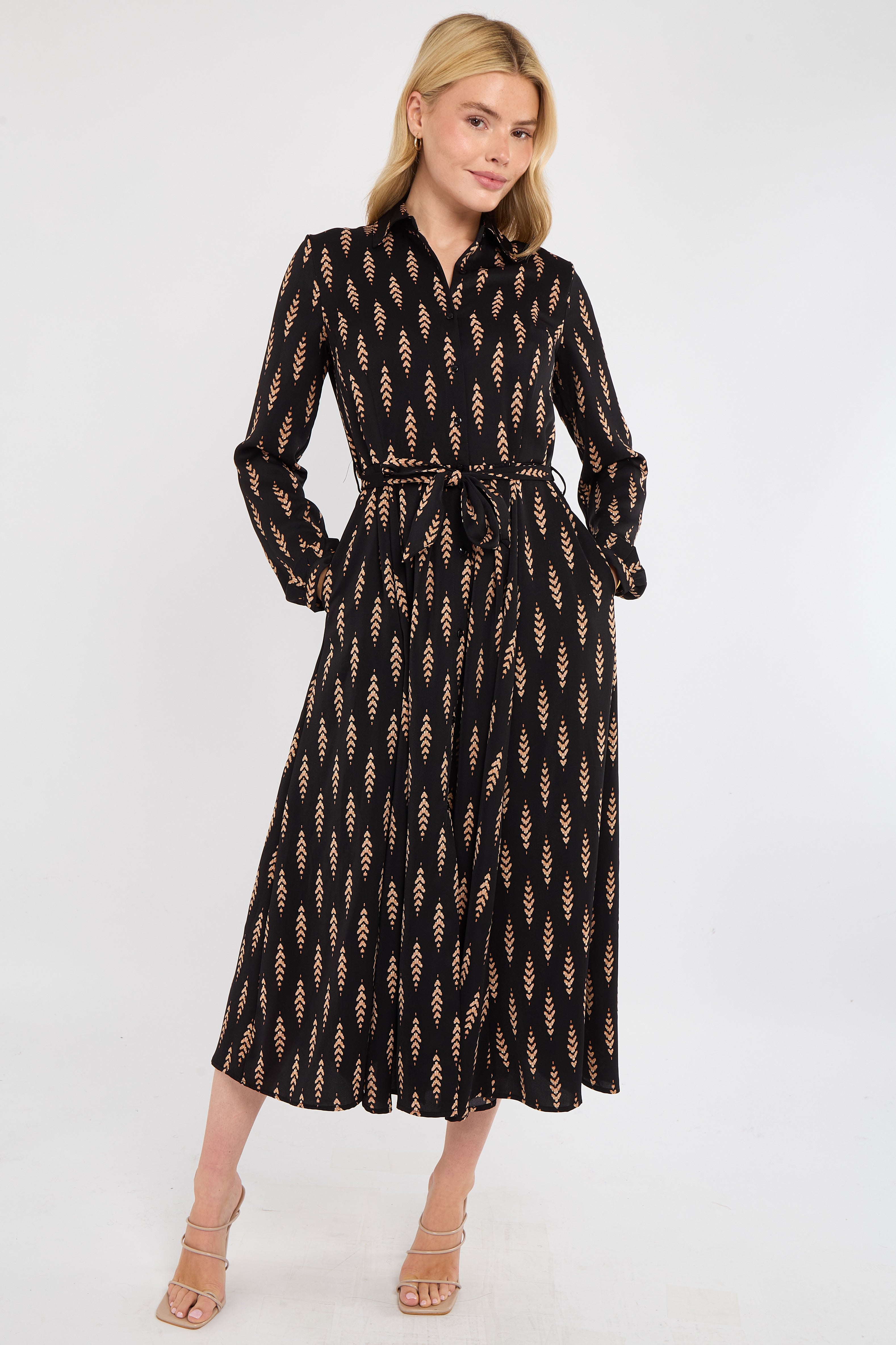 Tan Chevron Print Midaxi Shirt Dress